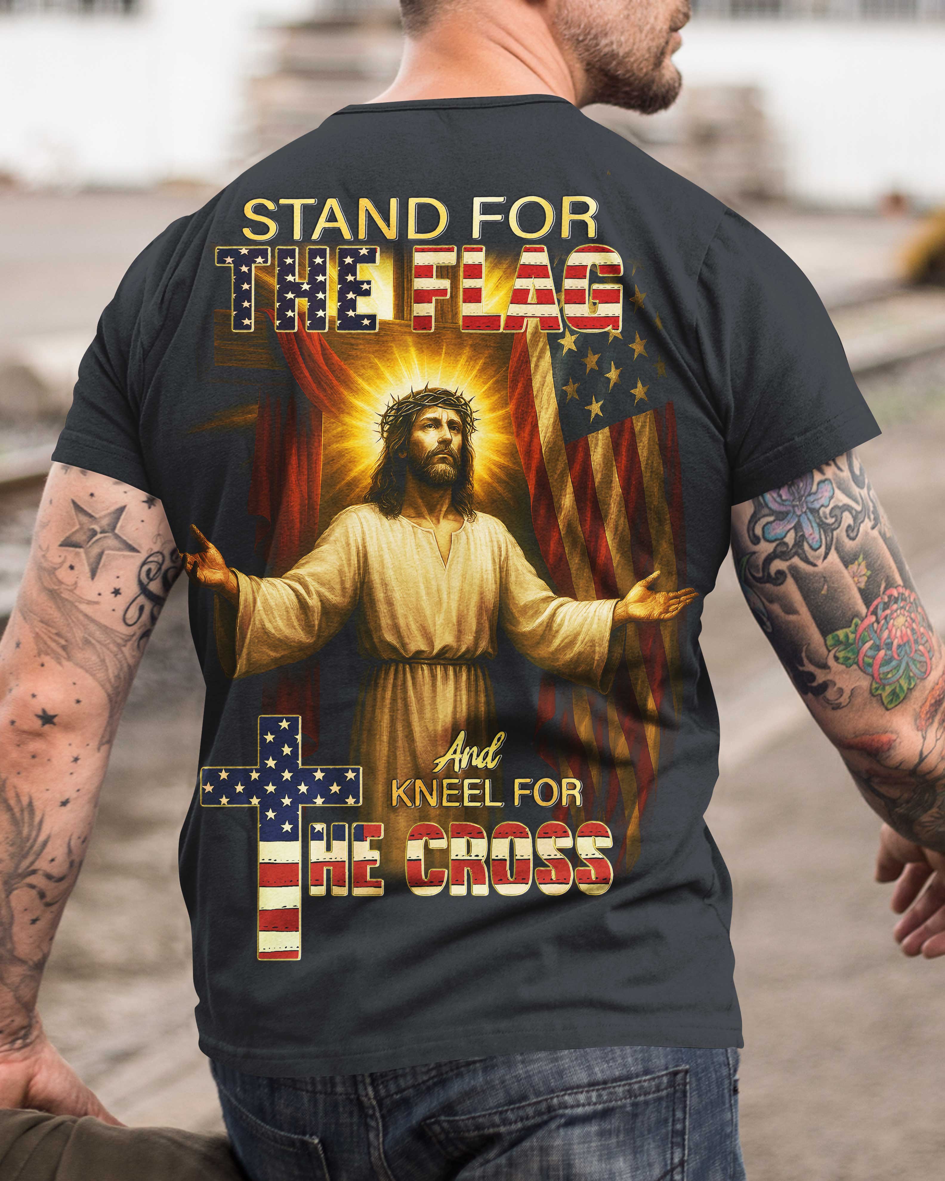 Stand For The Flag, Kneel For The Cross All Over Print T-Shirt