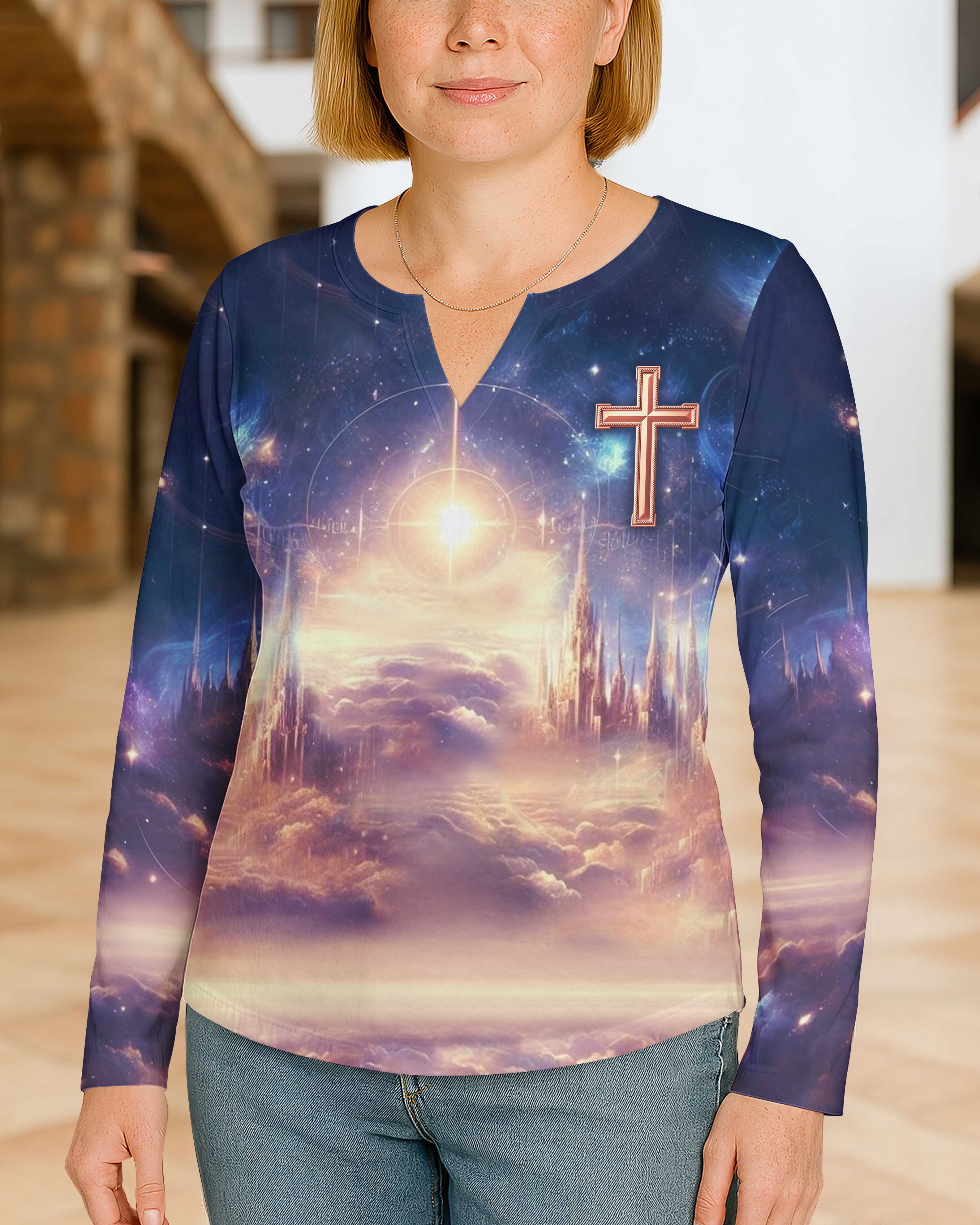 Seek First The Kingdom Of God All Over Print V-neck Long Sleeves Shirt