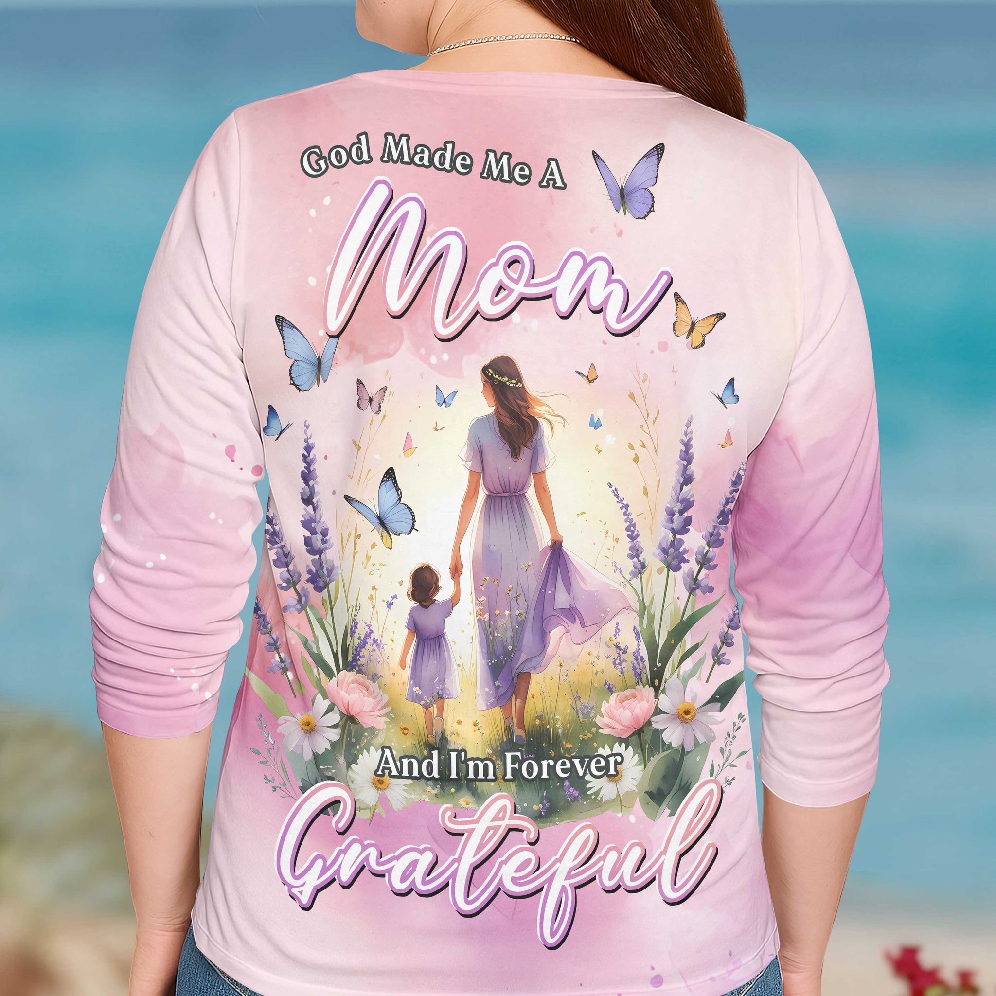 God Made Me a Mom and I'm Forever Grateful All Over Print V-neck Long Sleeves Shirt