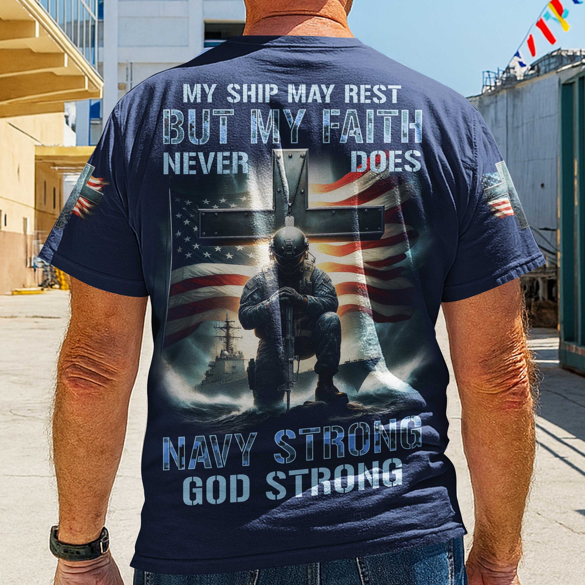 My Ship May Rest But My Faith Never Does Navy Strong God Strong All Over Print T-Shirt