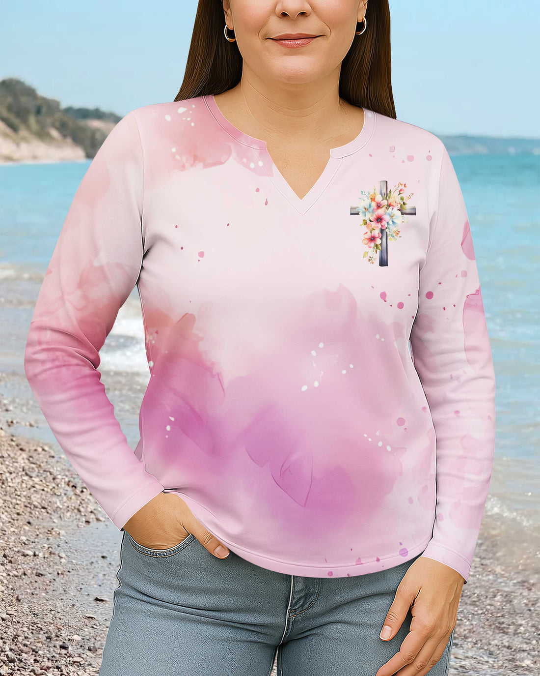 God Made Me a Mom and I'm Forever Grateful All Over Print V-neck Long Sleeves Shirt