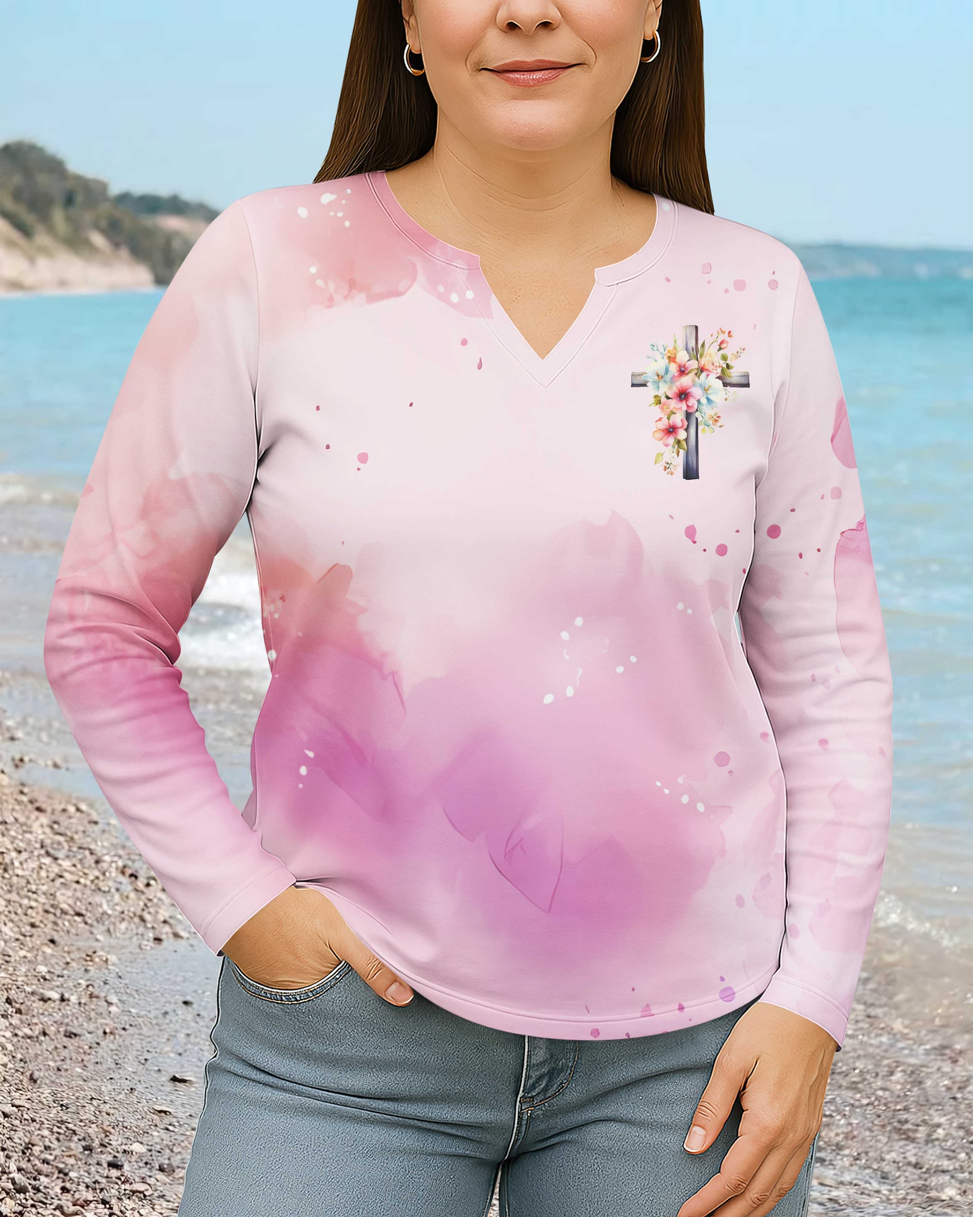 God Made Me a Mom and I'm Forever Grateful All Over Print V-neck Long Sleeves Shirt