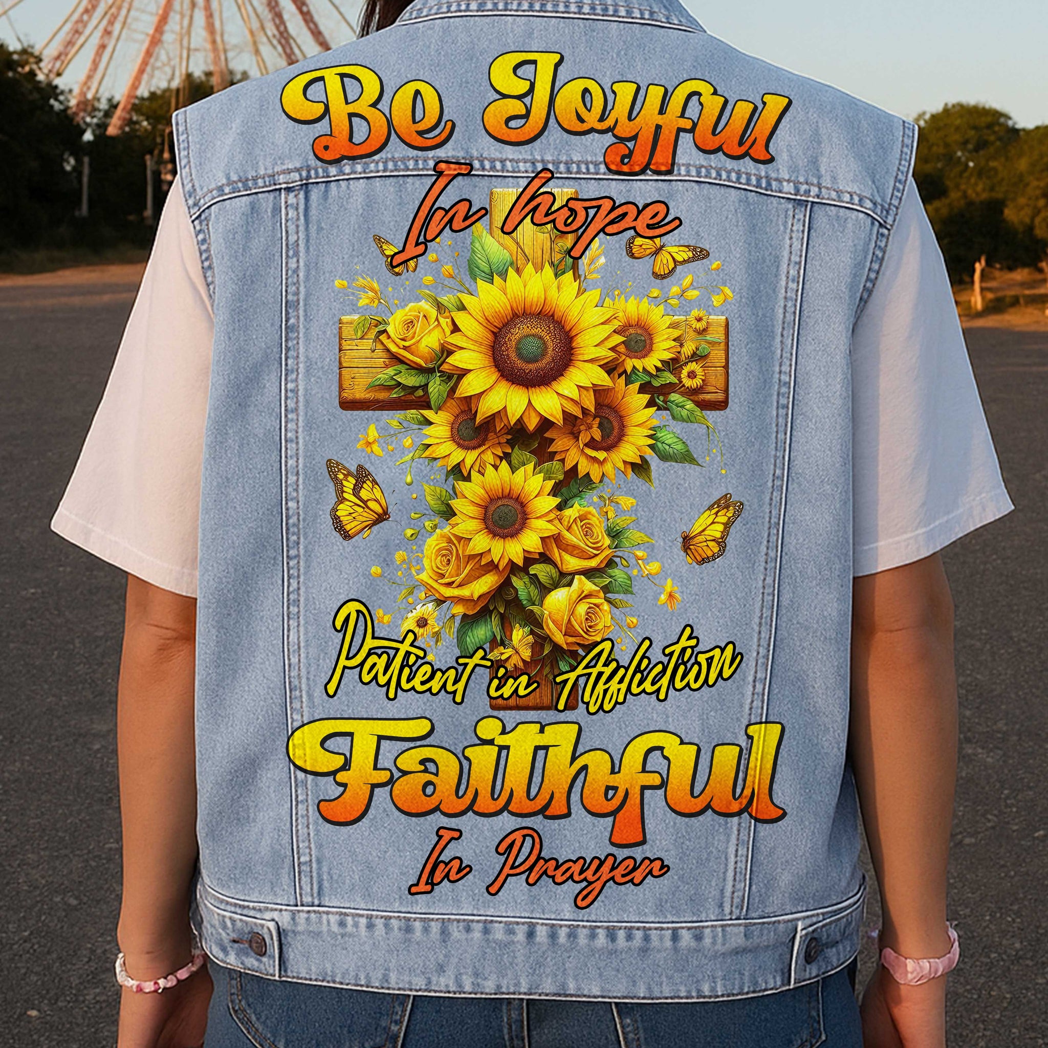 Be Joyful In Hope Sleeveless Denim Jacket