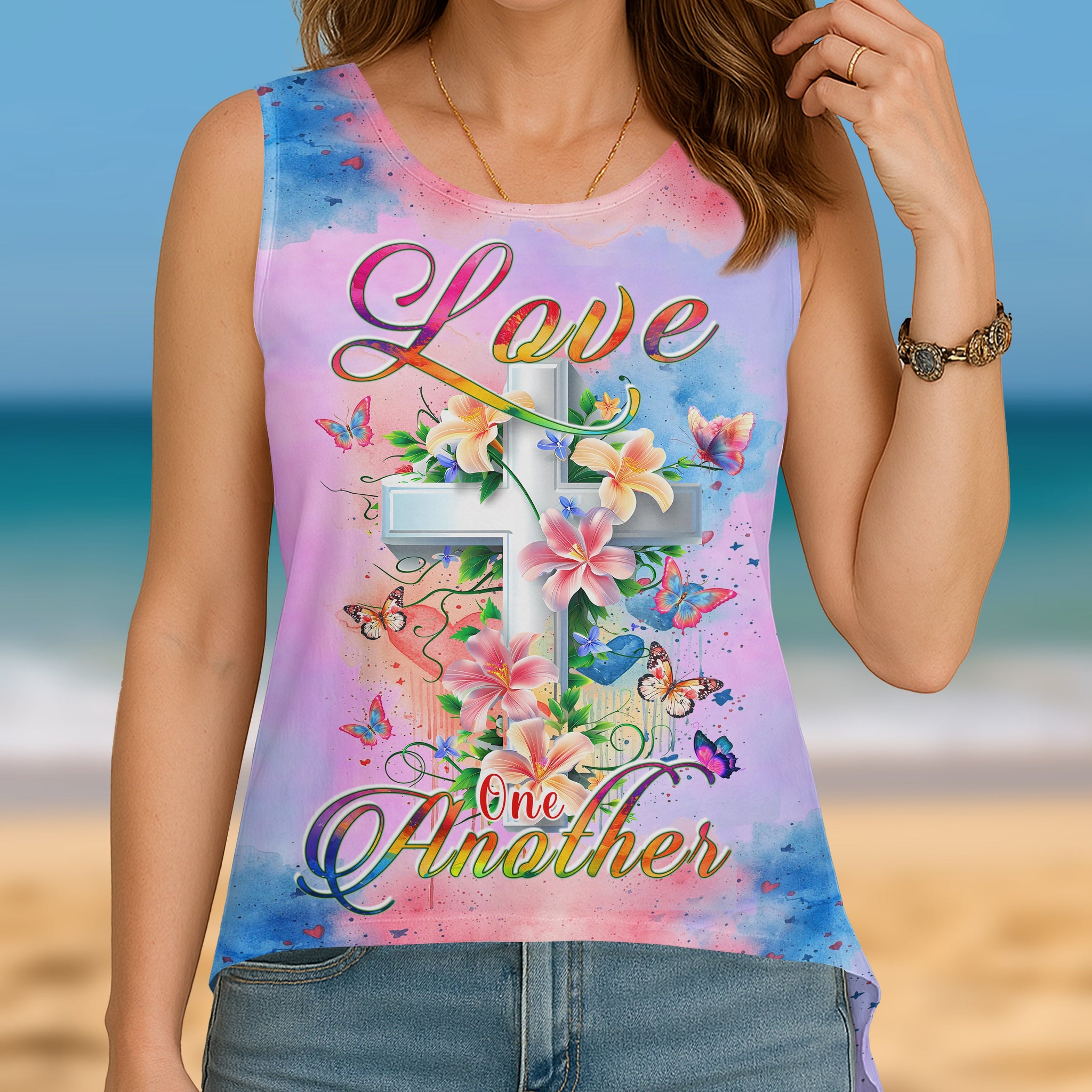 Love One Another All Over Print Cut Out Wrap Back Tank Top