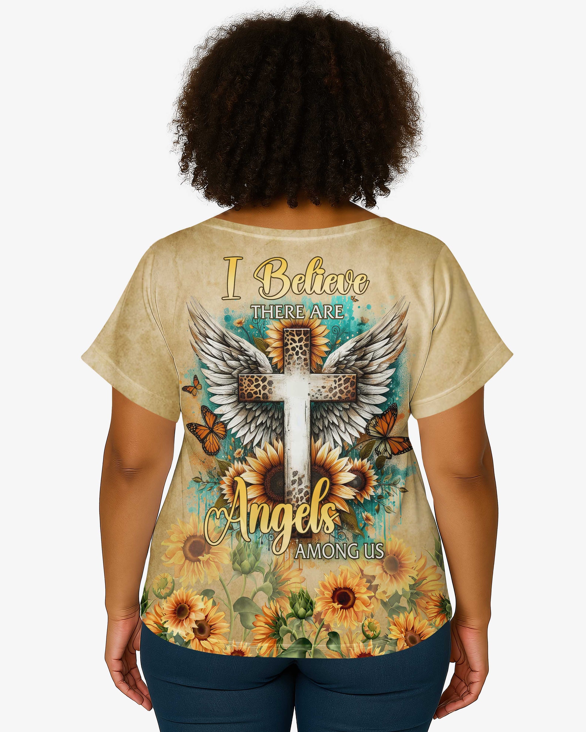 I Believe There Are Angels Among Us All Over Print V-neck Dolman Sleeves Shirt