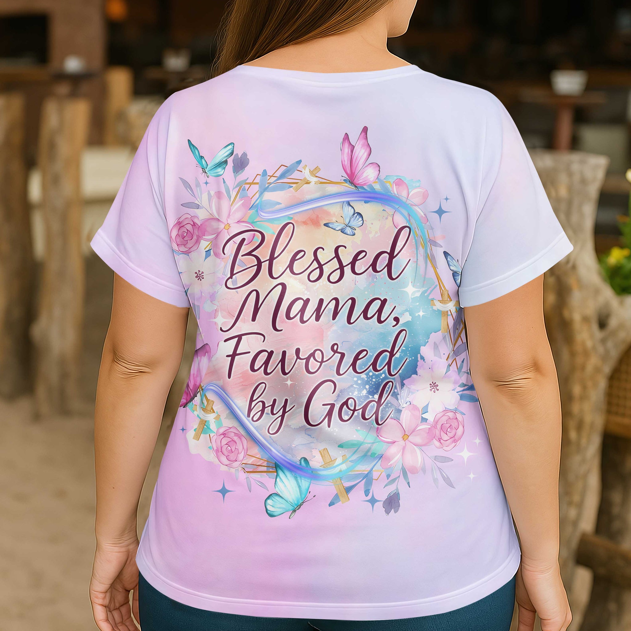 Blessed Mama, Favored by God All Over Print V-Neck Dolman Sleeves Shirt