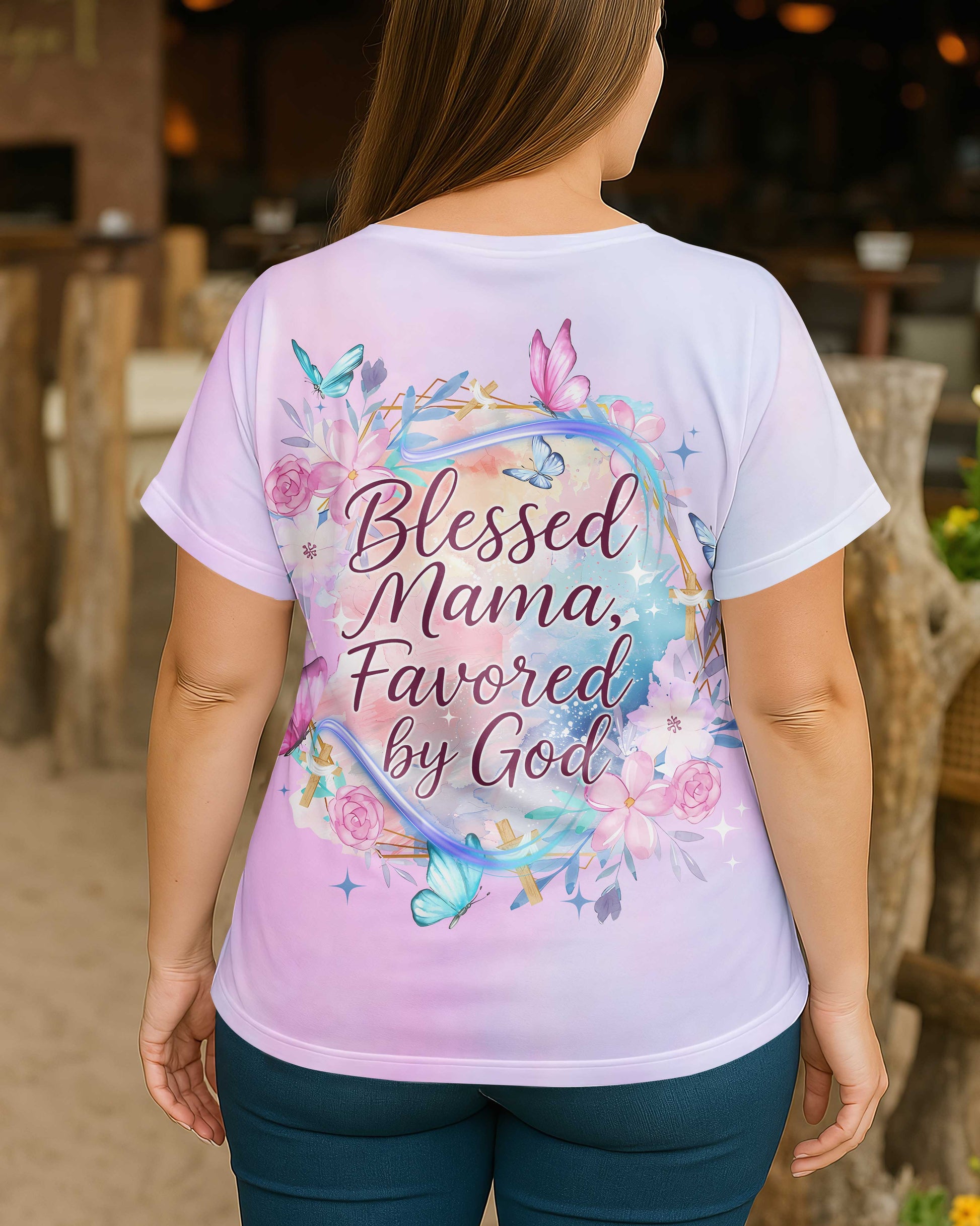 Blessed Mama, Favored by God All Over Print V-Neck Dolman Sleeves Shirt