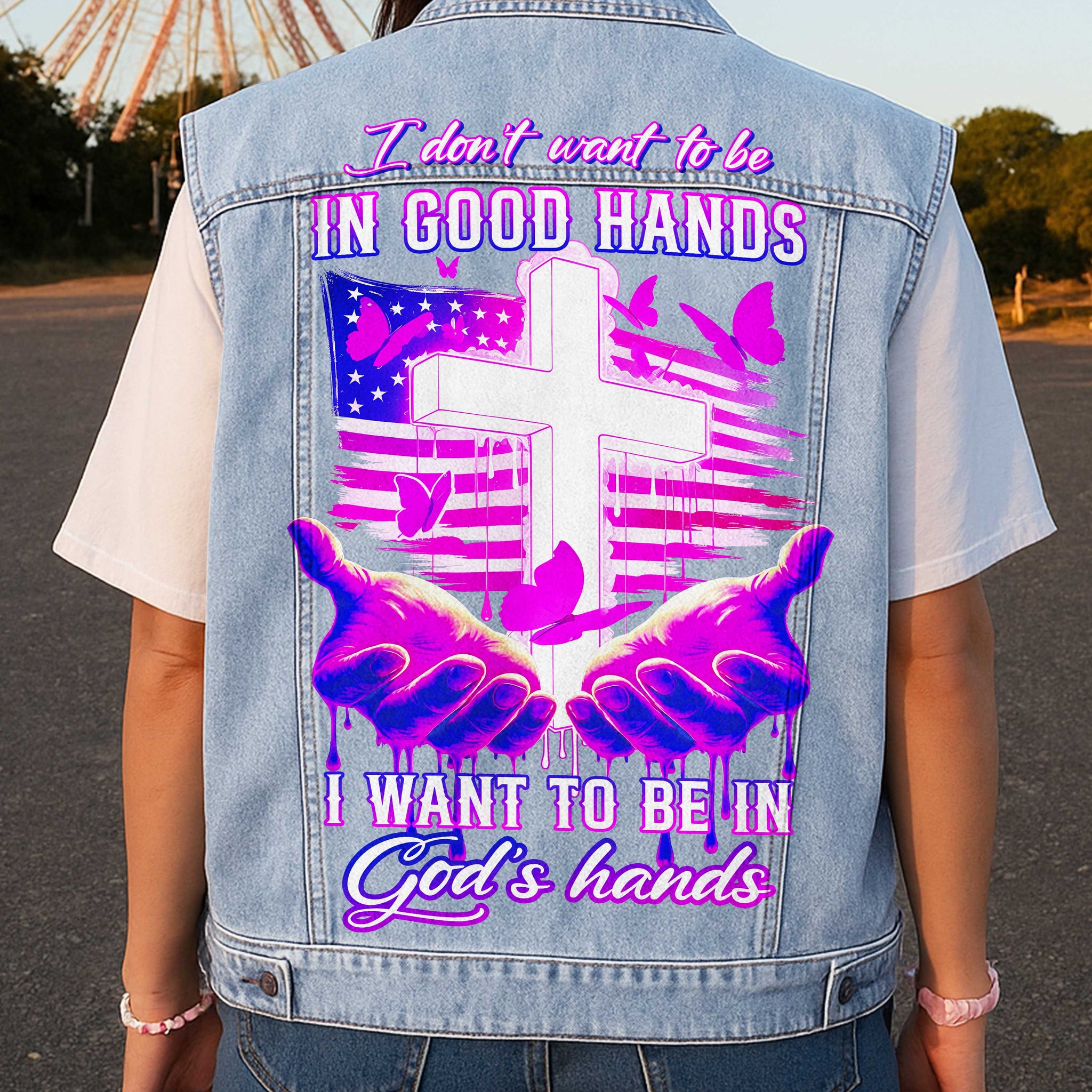 I Want To Be In God's Hands Sleeveless Denim Jacket