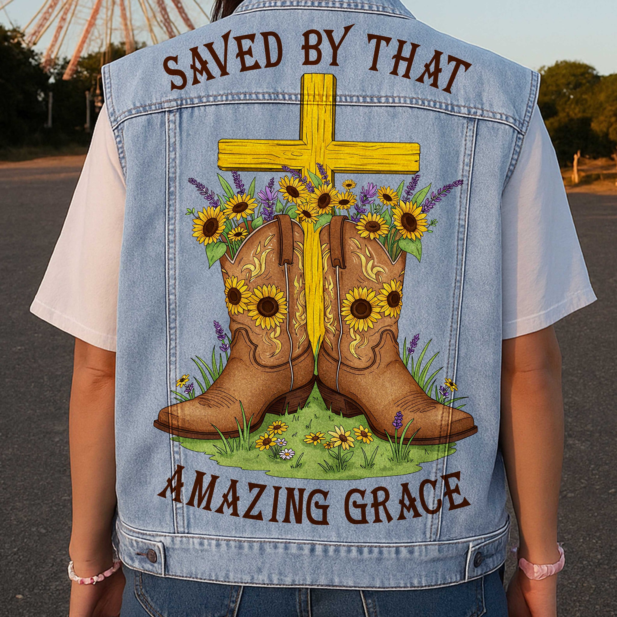 Saved By That Amazing Grace Sleeveless Denim Jacket