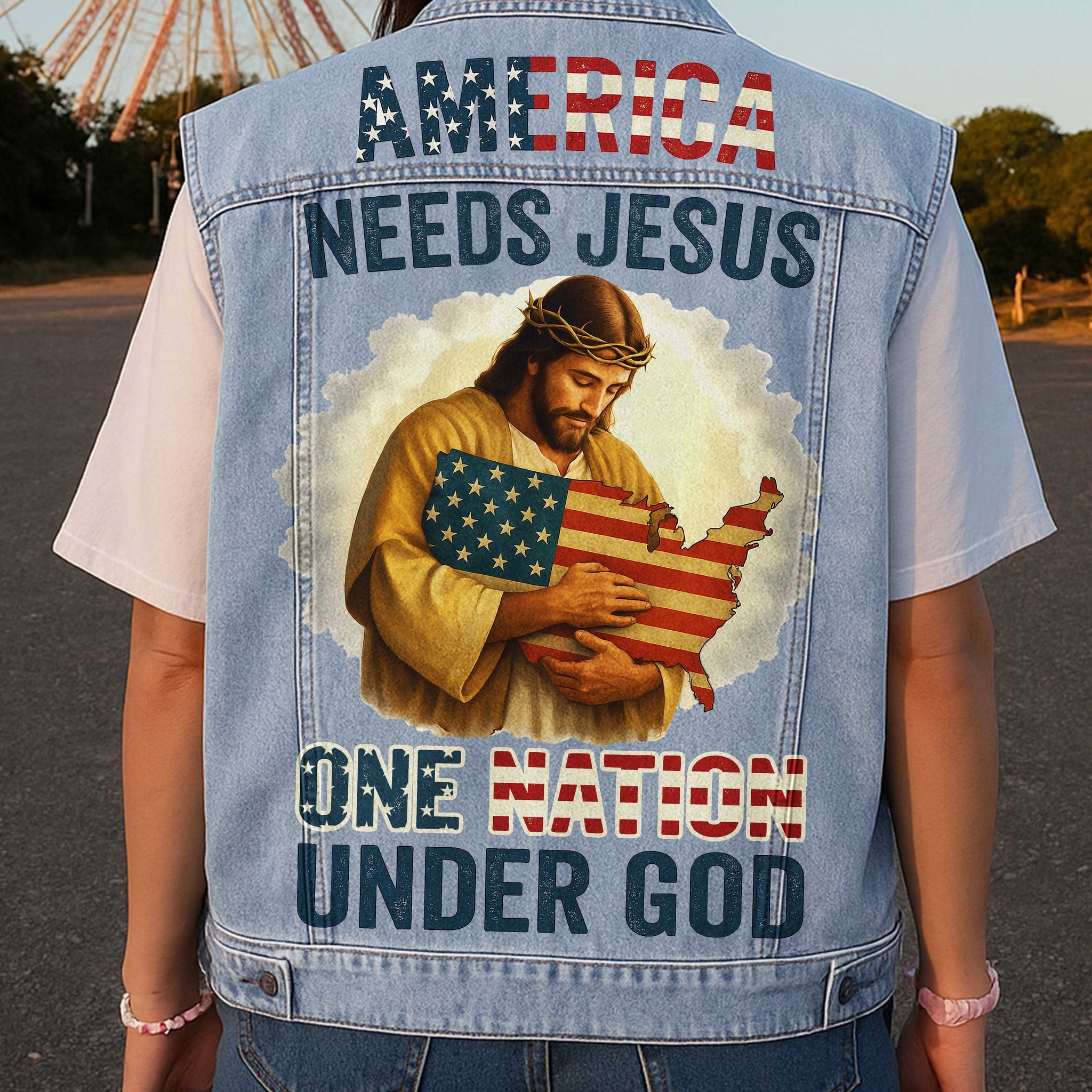 One Nation Under God Sleeveless Denim Jacket