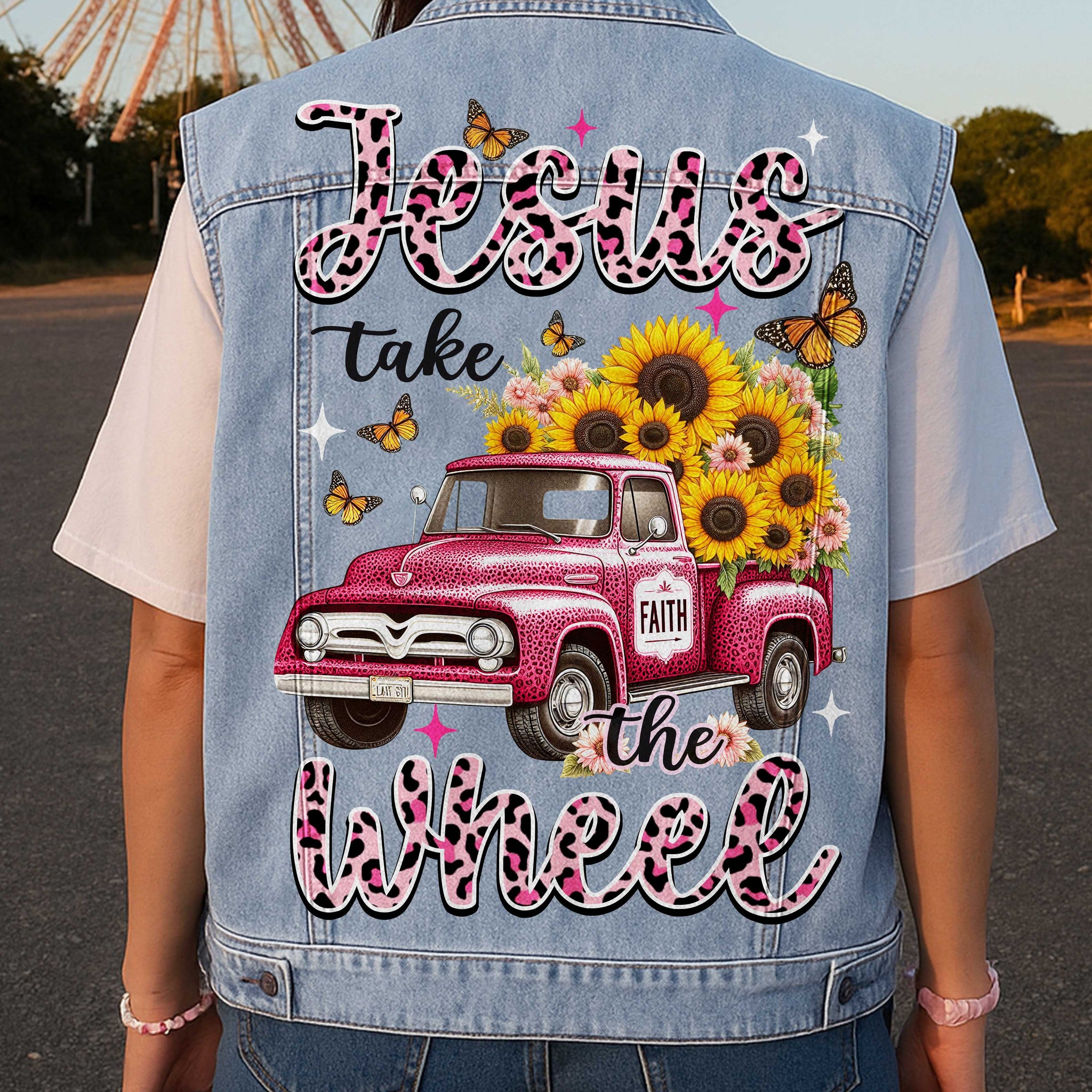 Jesus Take The Wheel Sleeveless Denim Jacket