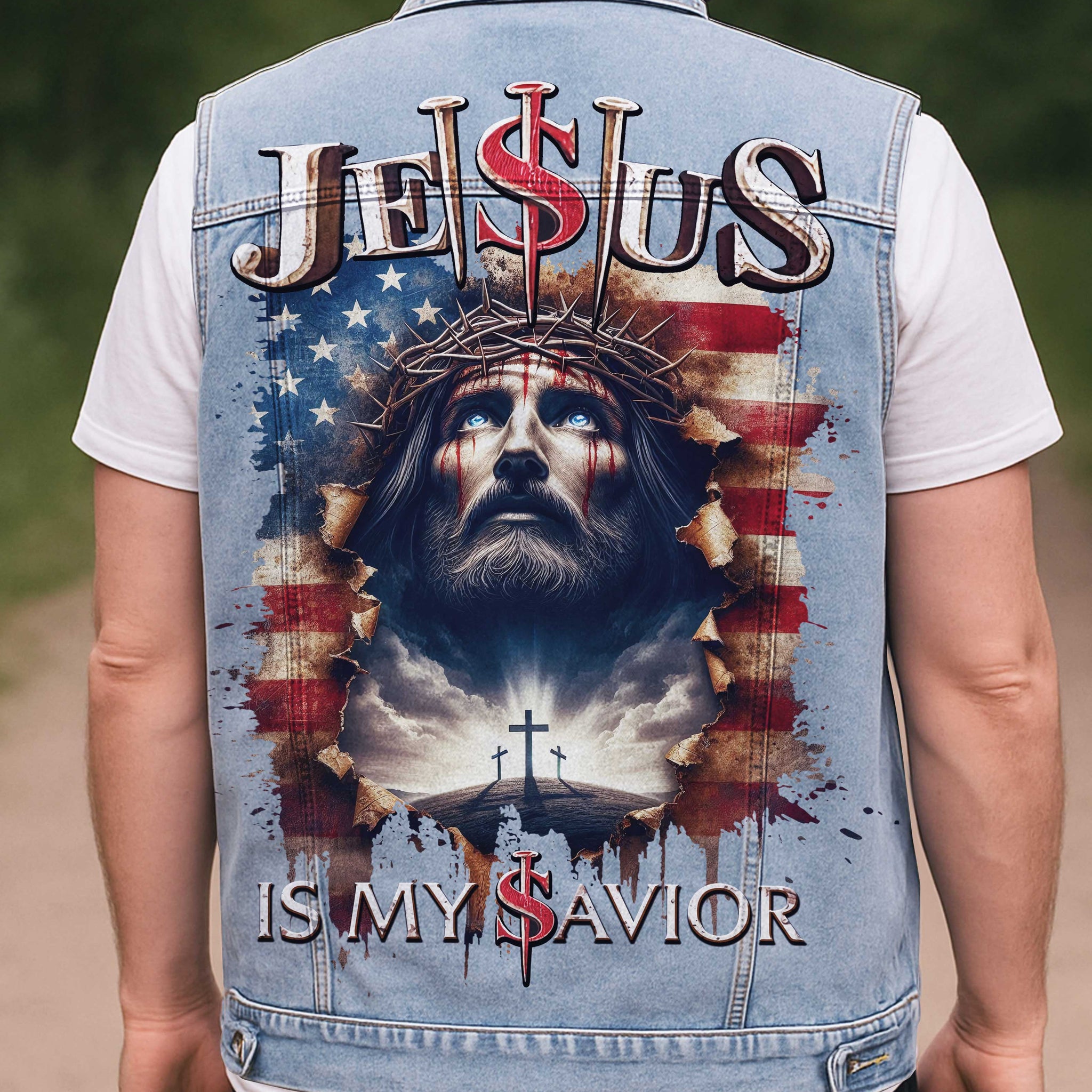 Jesus Is My Savior Sleeveless Denim Jacket