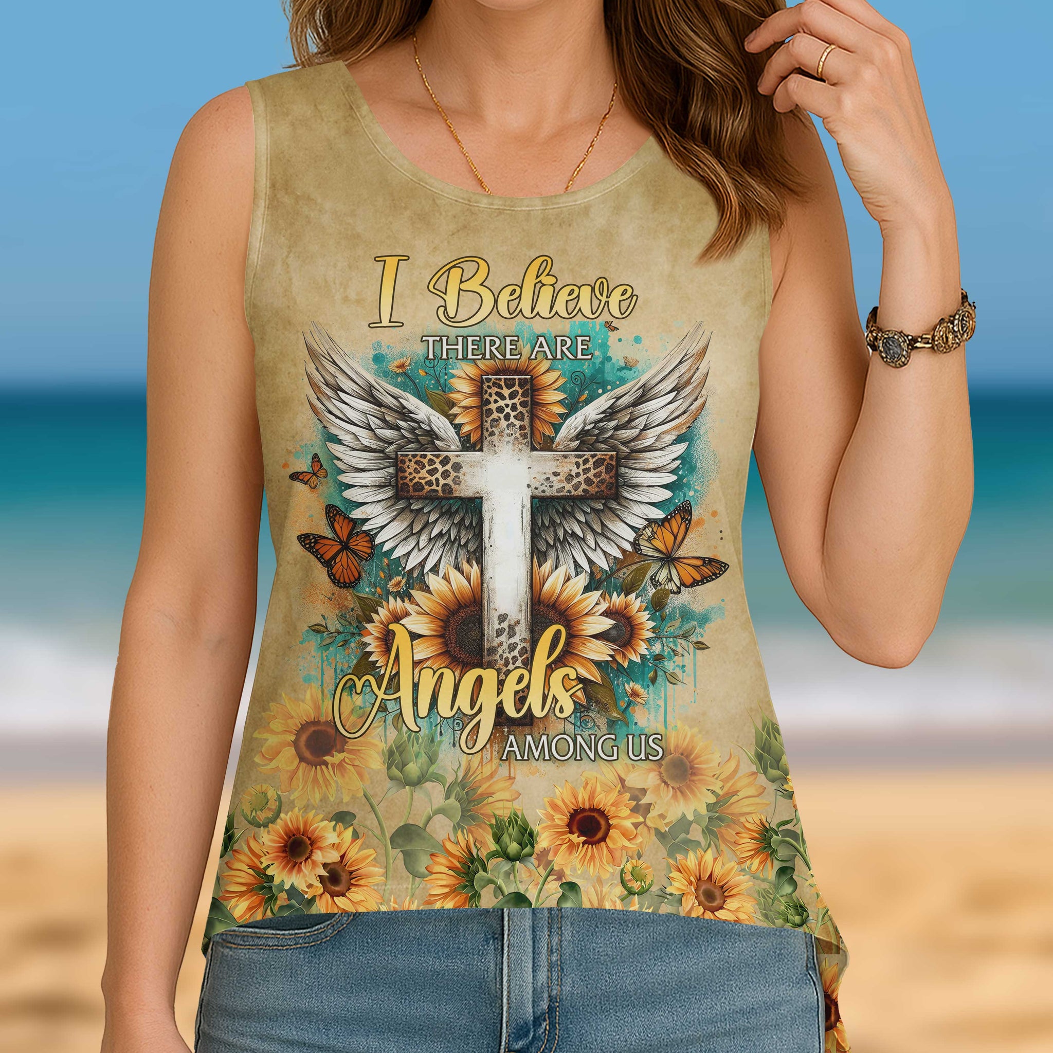 I Believe There Are Angels Among Us All Over Print Cut Out Wrap Back Tank Top