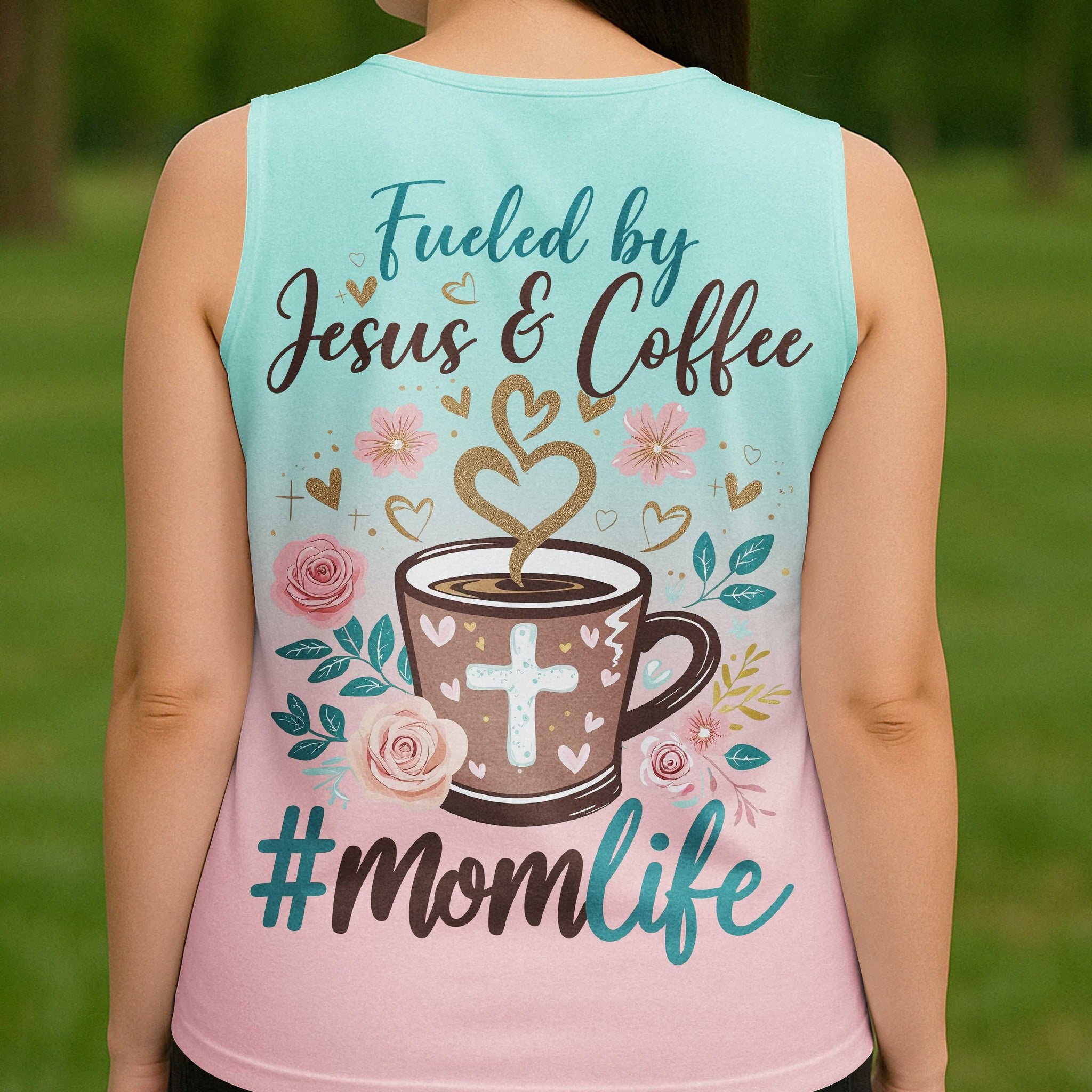 Fueled by Jesus & Coffee #MomLife All Over Print V-neck Tank Top