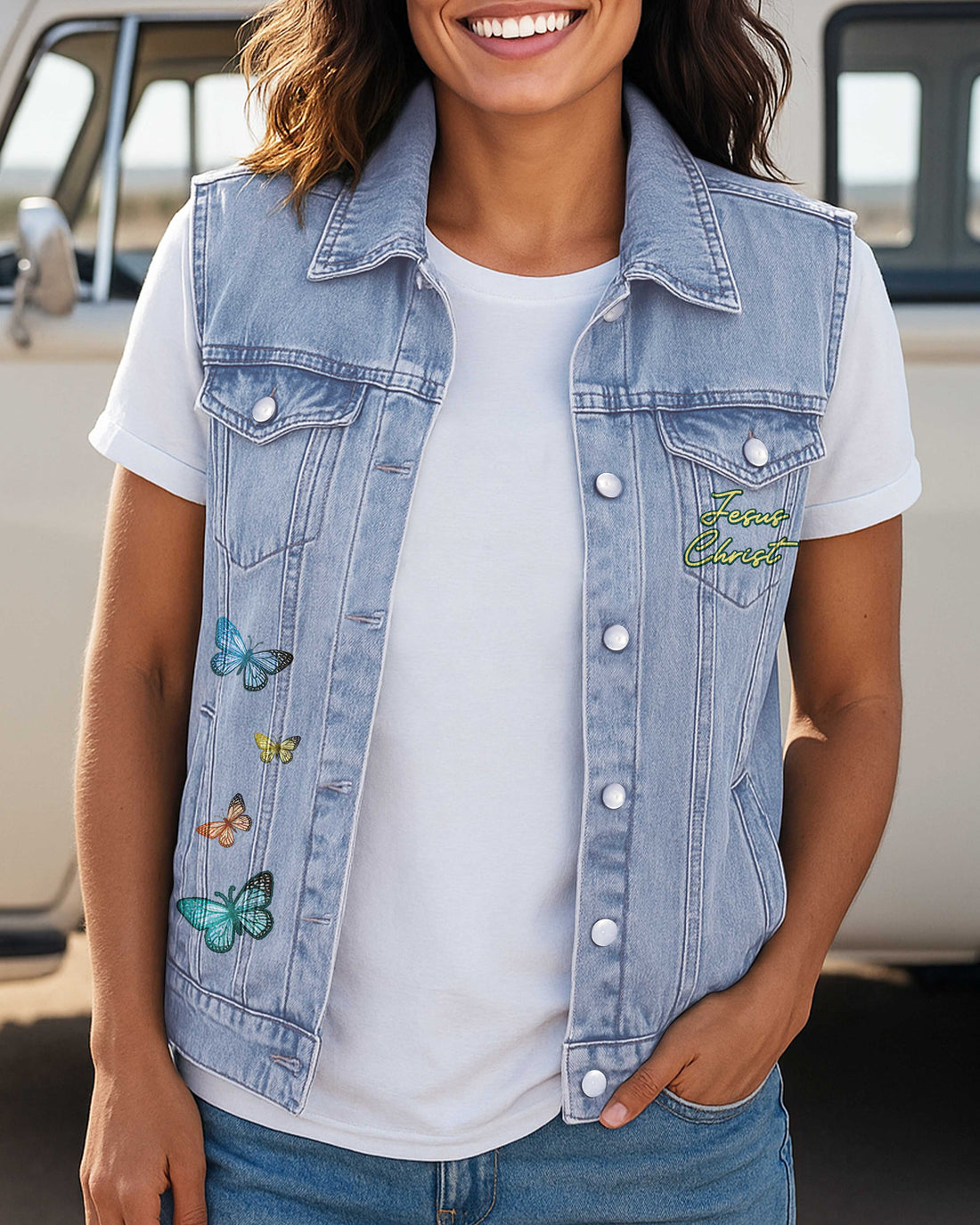 Be Strong And Courageous Sleeveless Denim Jacket