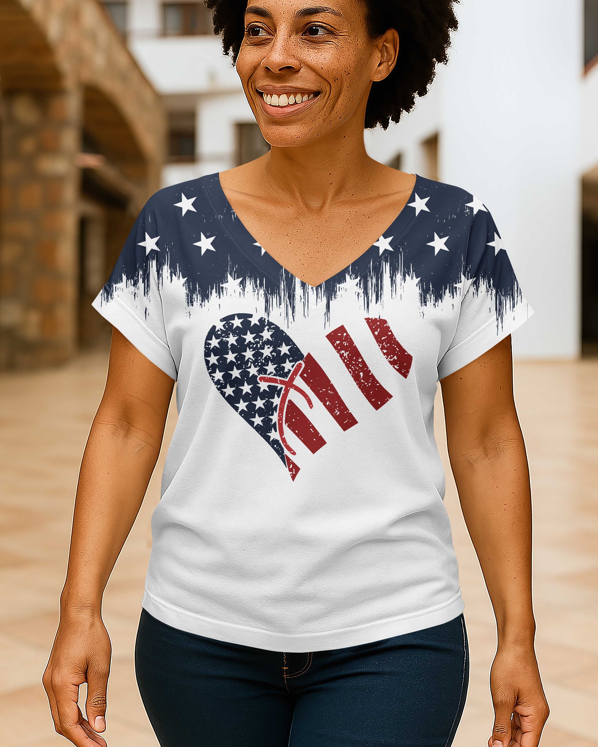 She Loves Jesus And America Too All Over Print V-neck Dolman Sleeves Shirt