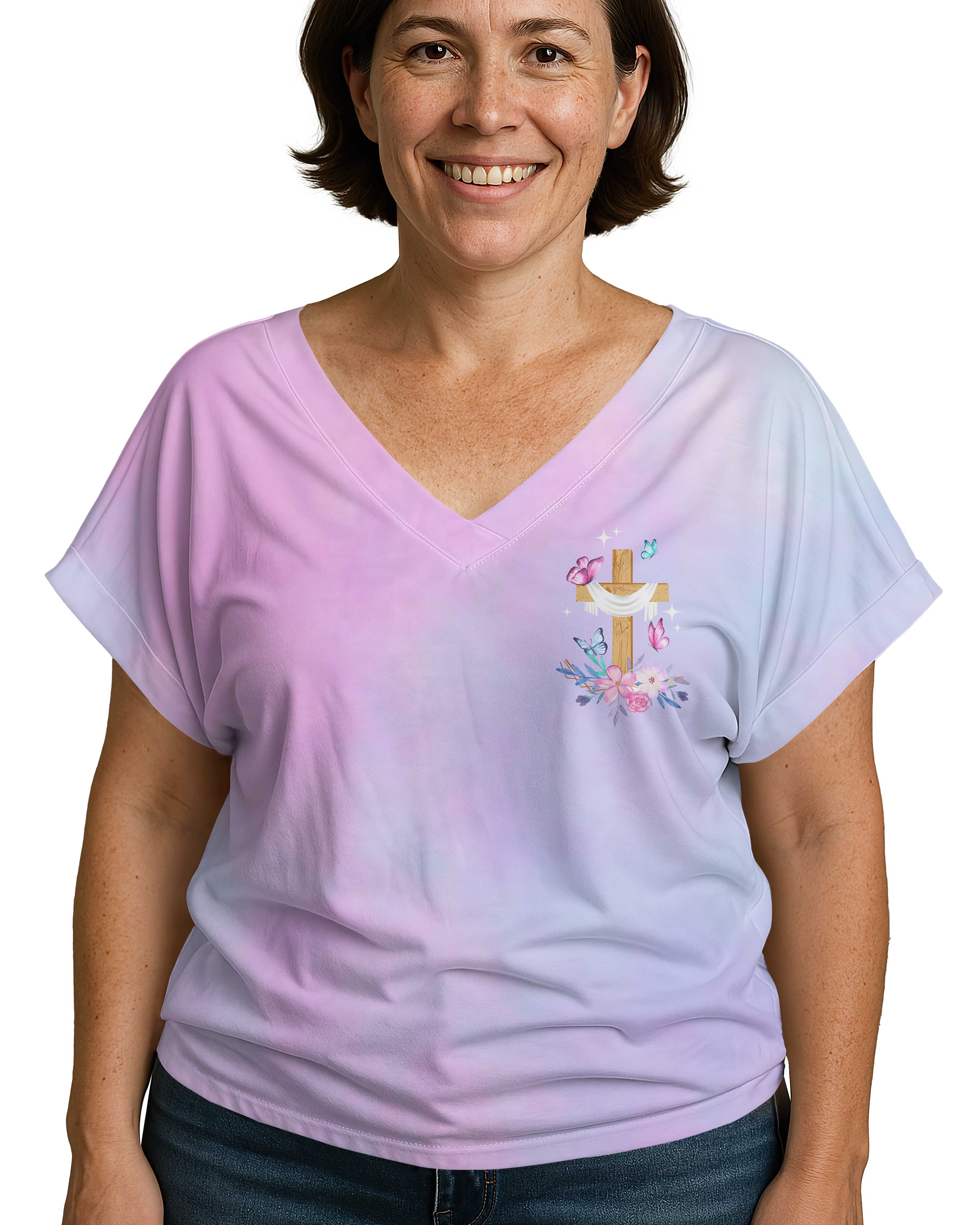 Blessed Mama, Favored by God All Over Print V-Neck Dolman Sleeves Shirt