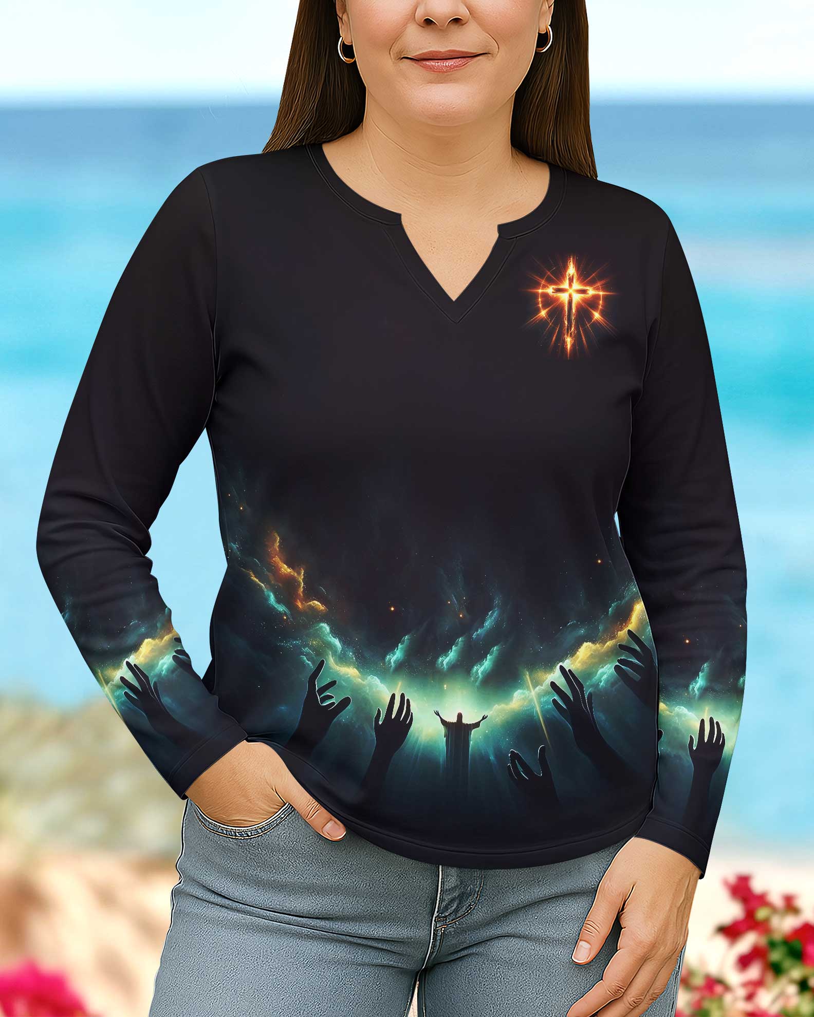God Is Light In Him There Is No Darkness At All All Over Print V-neck Long Sleeves Shirt