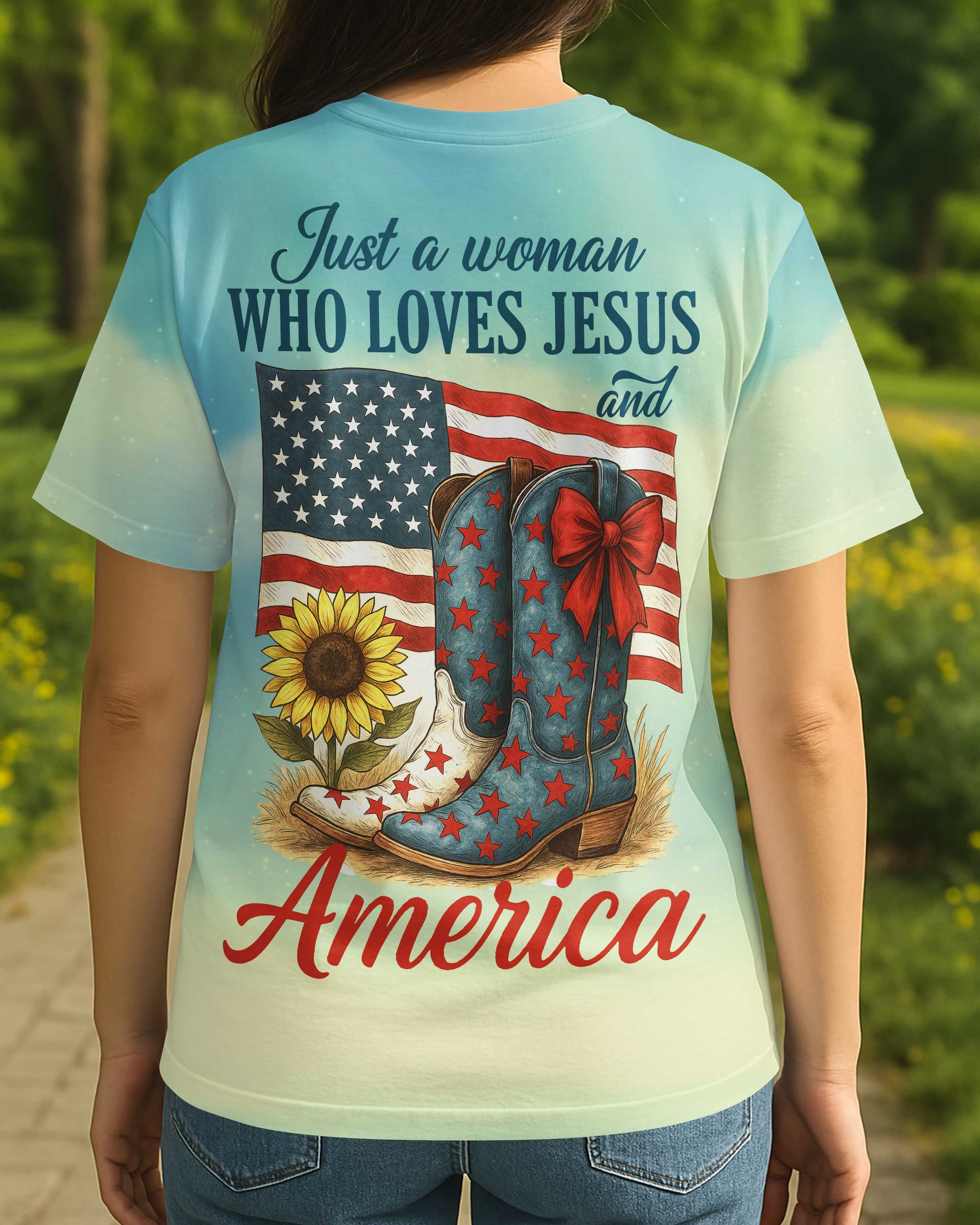 Just A Woman Who Loves Jesus And America All Over Print T-Shirt