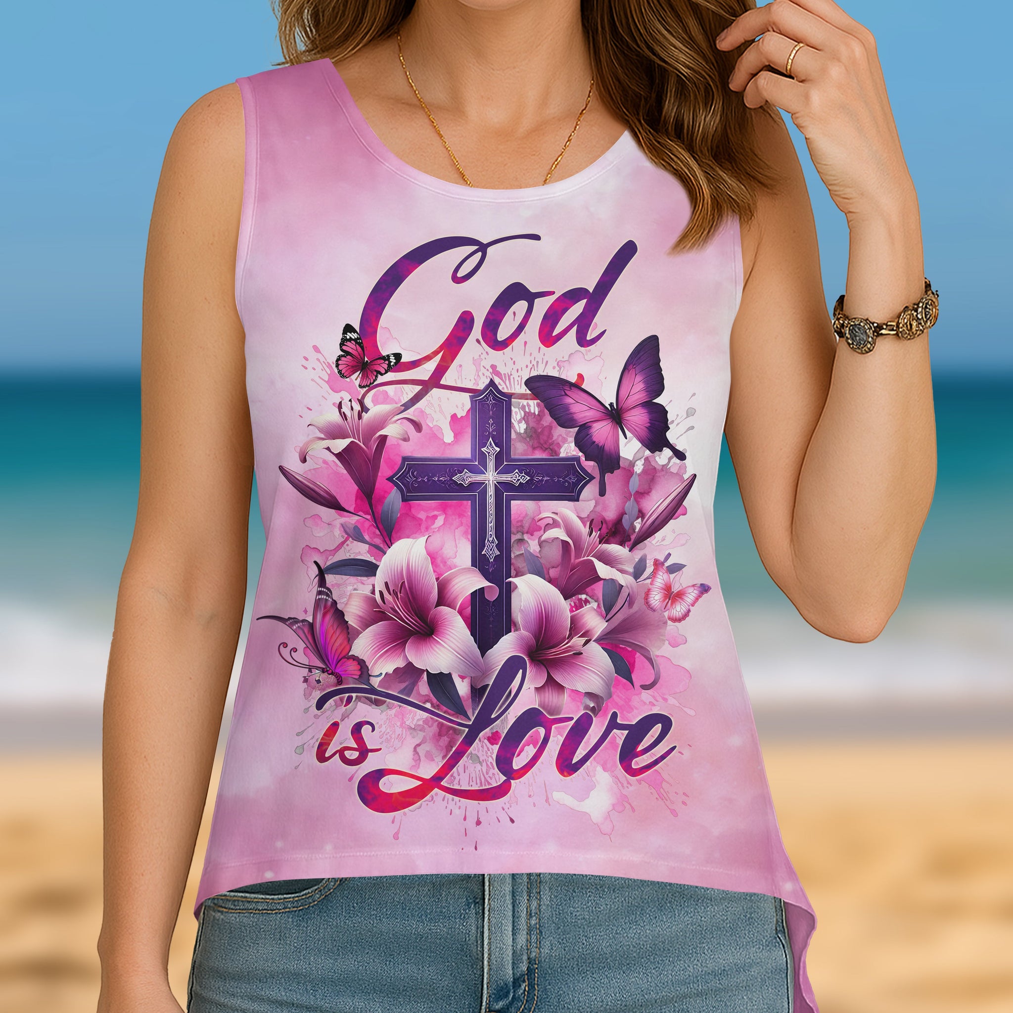 God Is Love All Over Print Cut Out Wrap Back Tank Top