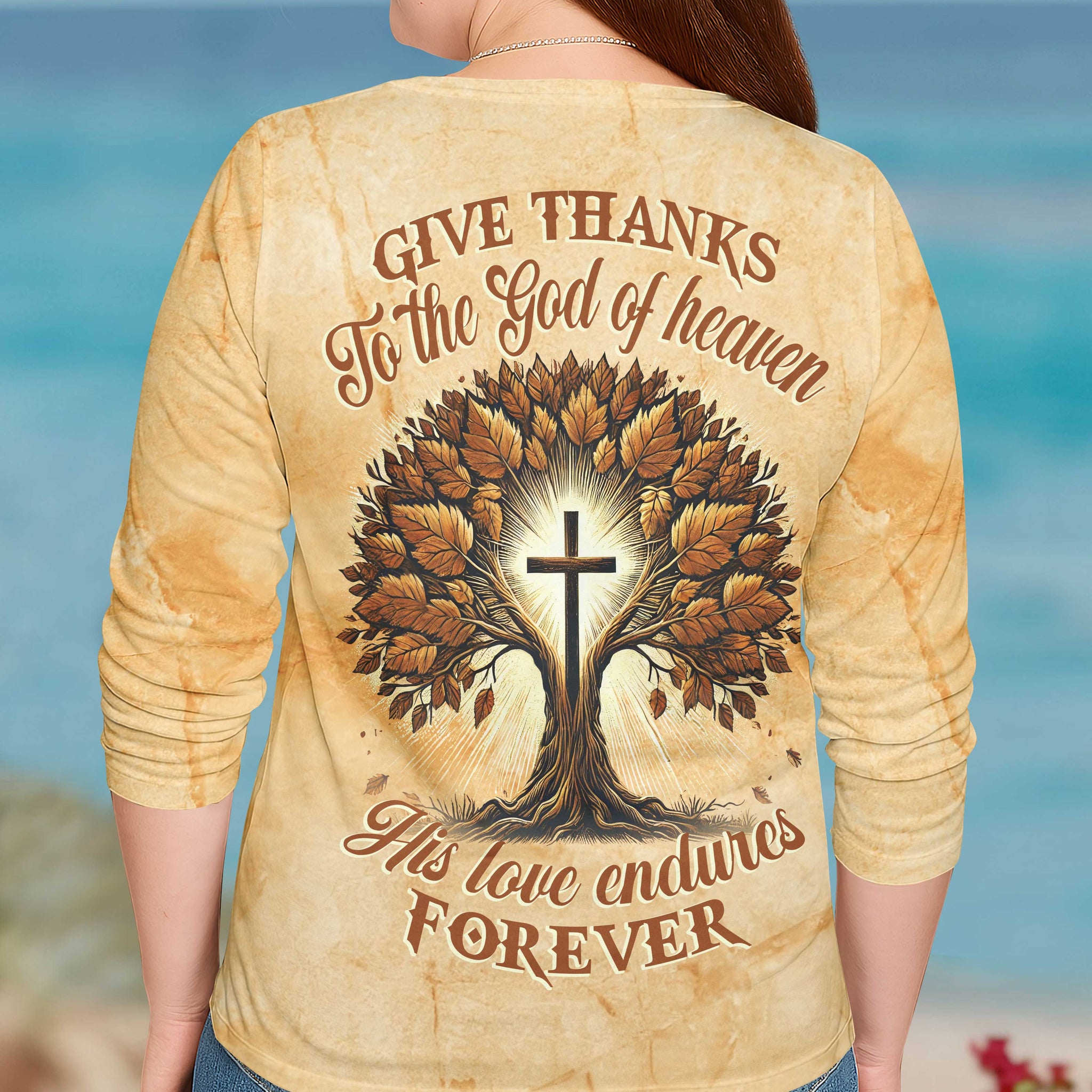 Give Thanks To The God Of Heaven All Over Print V-neck Long Sleeves Shirt