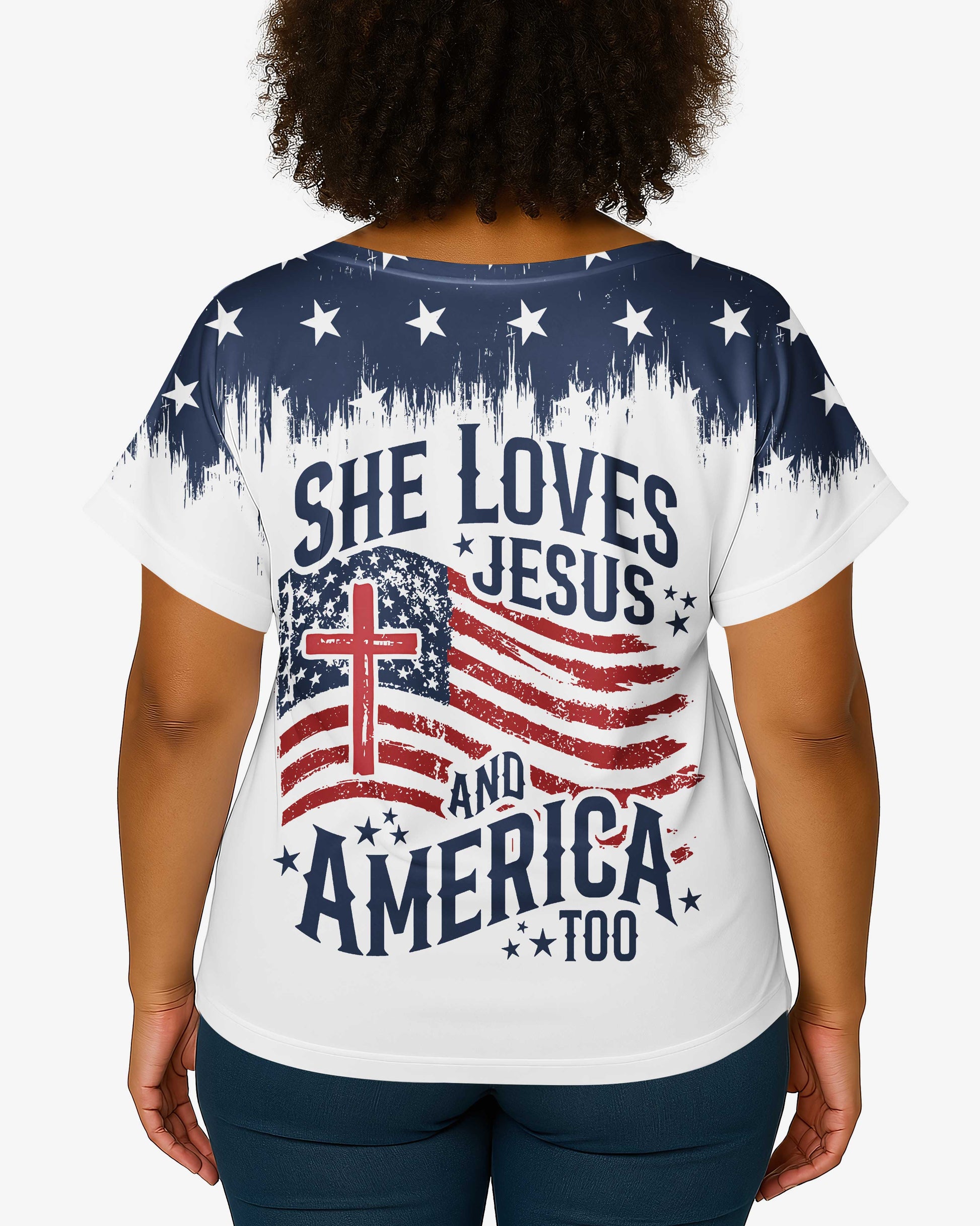 She Loves Jesus And America Too All Over Print V-neck Dolman Sleeves Shirt