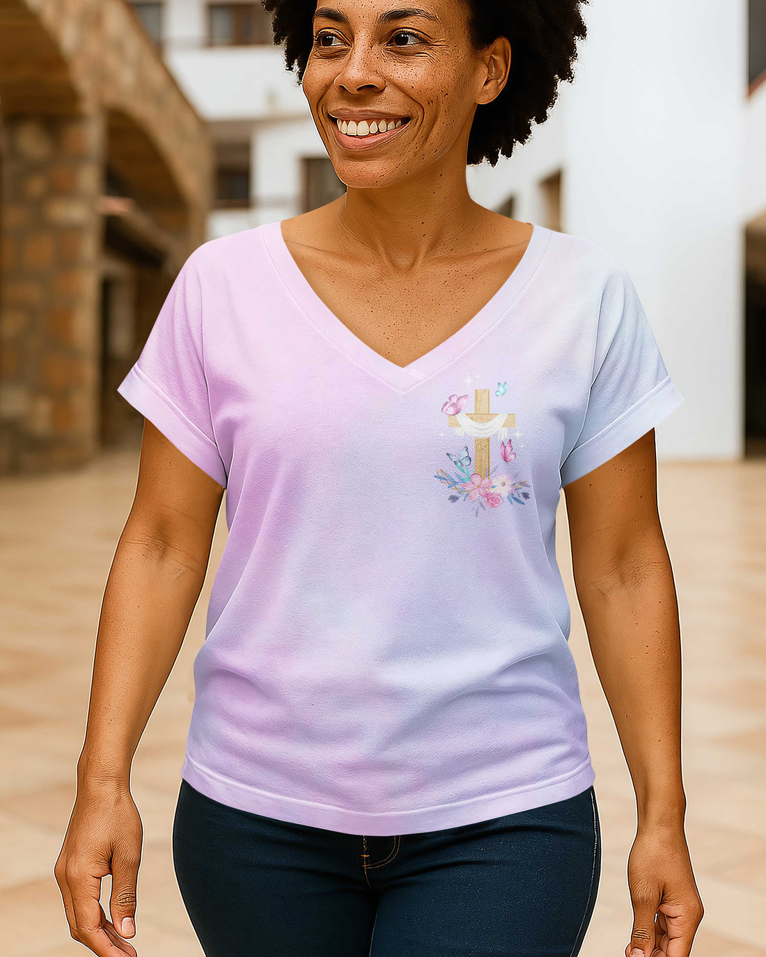 Blessed Mama, Favored by God All Over Print V-Neck Dolman Sleeves Shirt