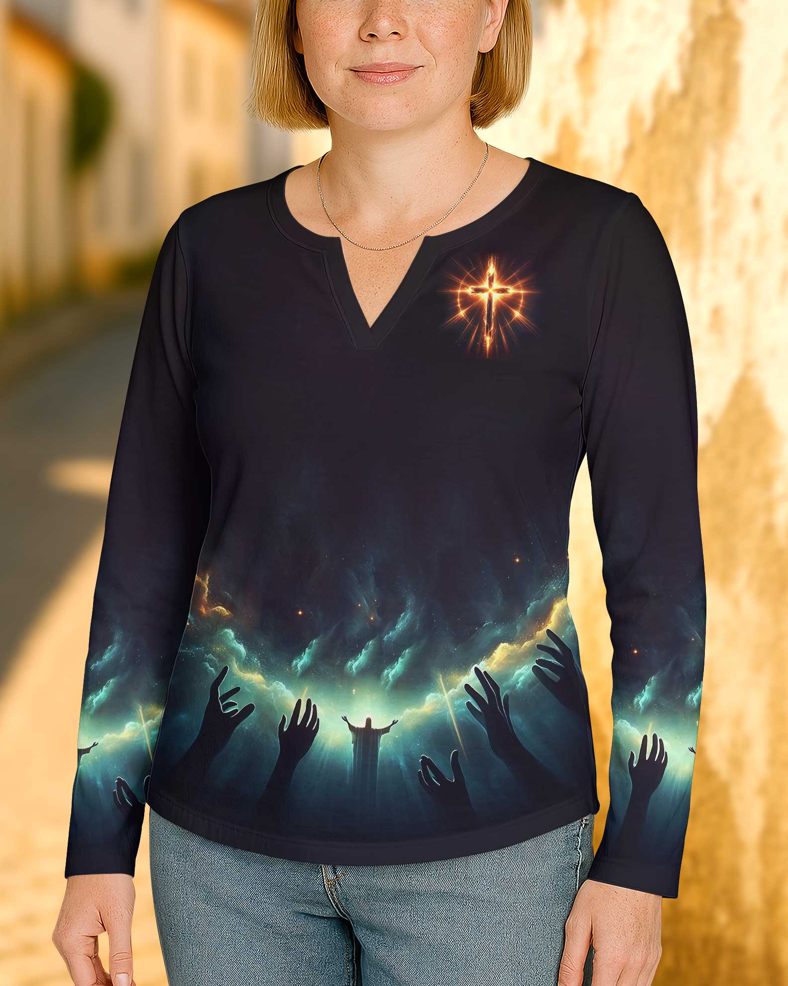 God Is Light In Him There Is No Darkness At All All Over Print V-neck Long Sleeves Shirt