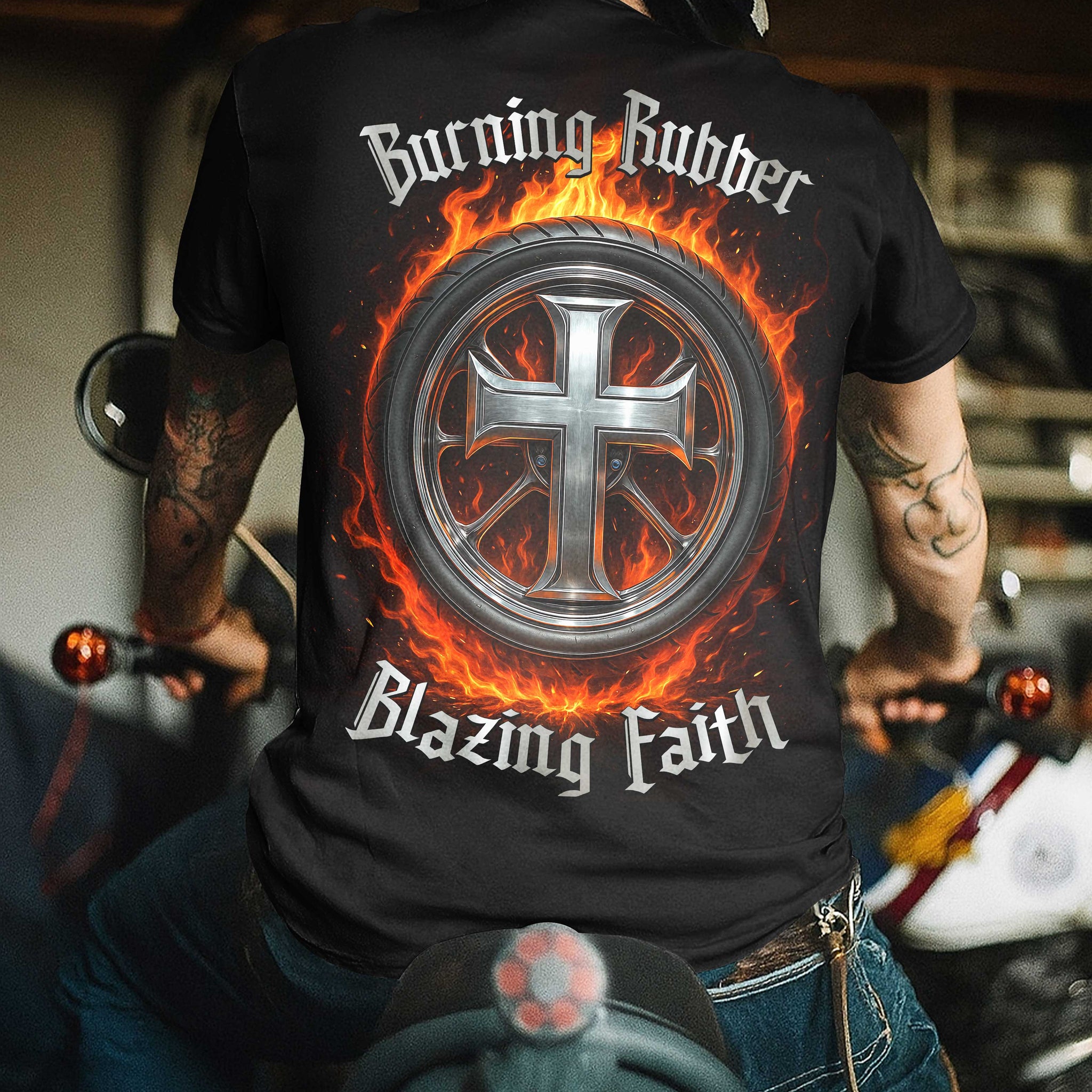 Burning Rubber Blazing Faith All Over Print T-Shirt