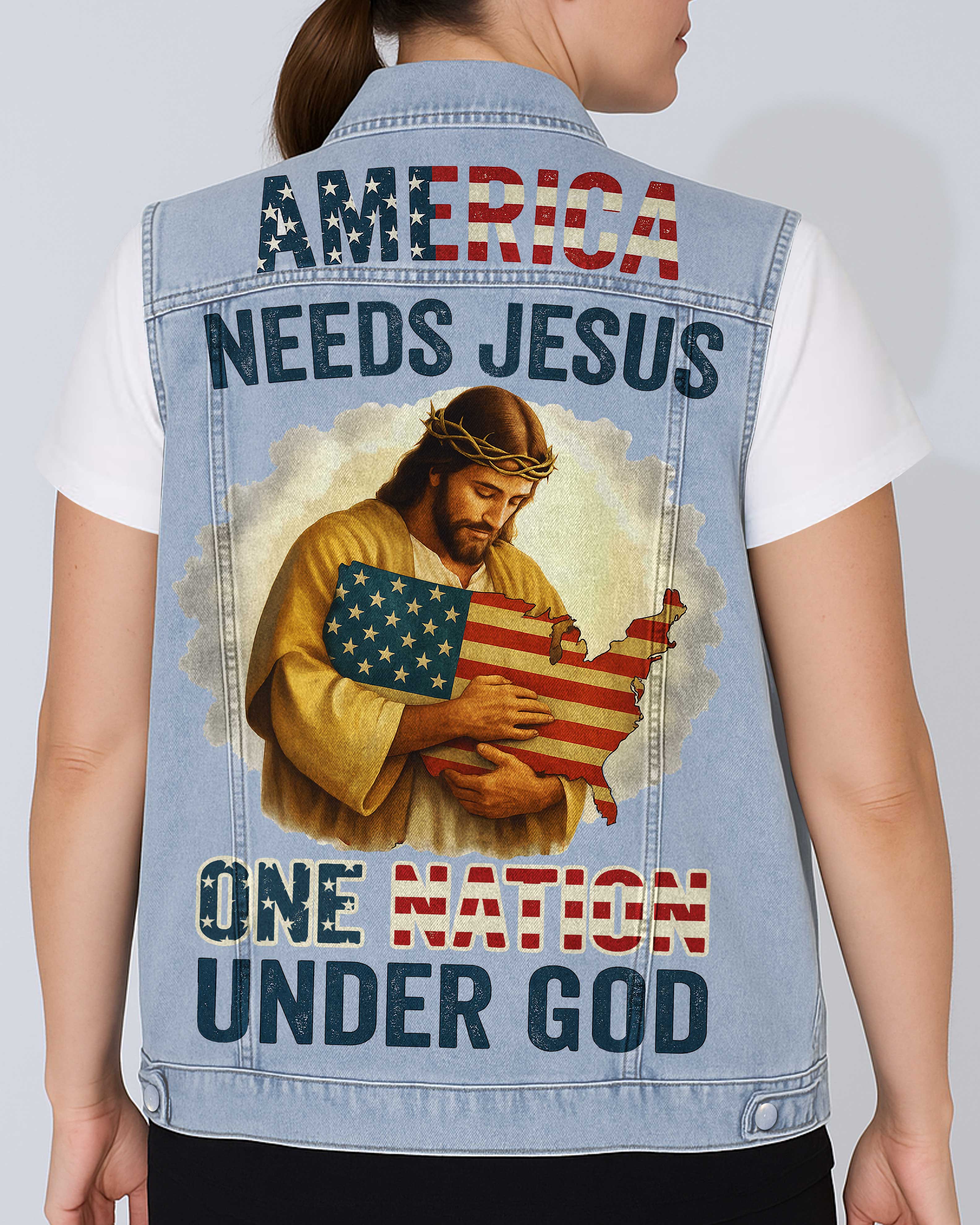 One Nation Under God Sleeveless Denim Jacket