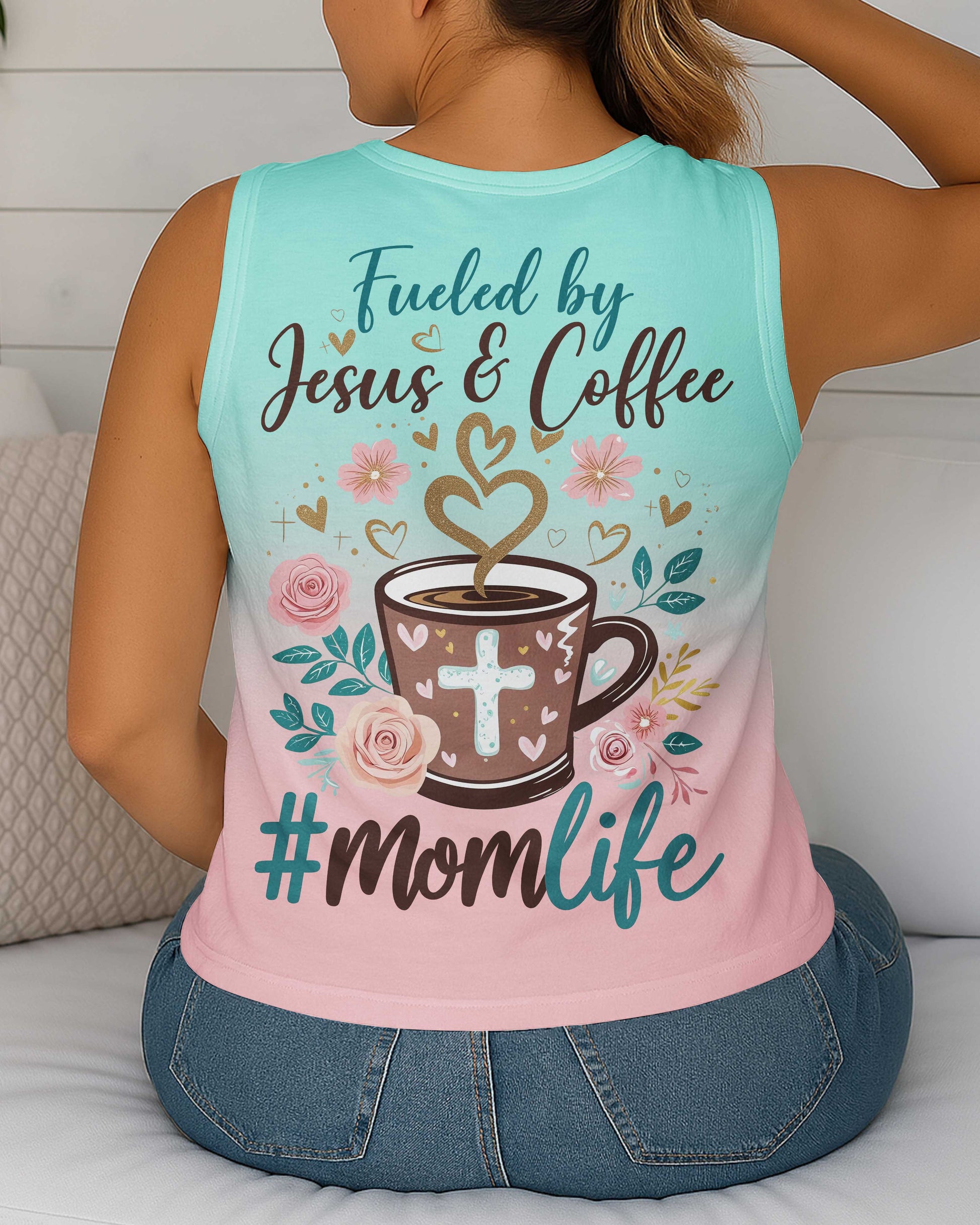 Fueled by Jesus & Coffee #MomLife All Over Print V-neck Tank Top