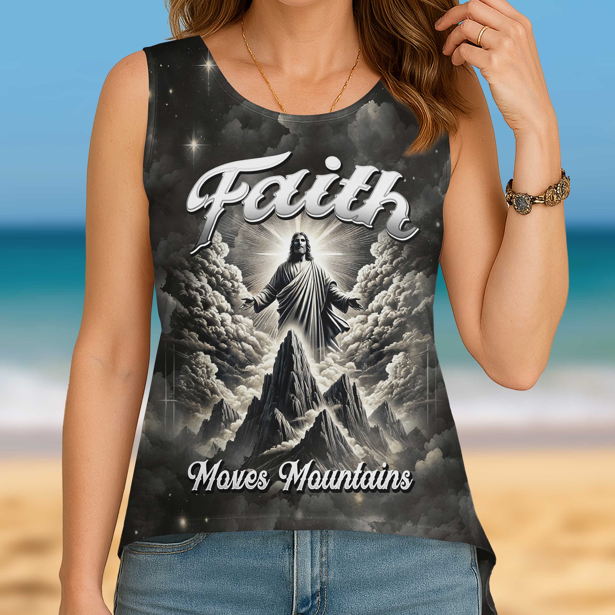 Faith Moves Mountains All Over Print Cut Out Wrap Back Tank Top