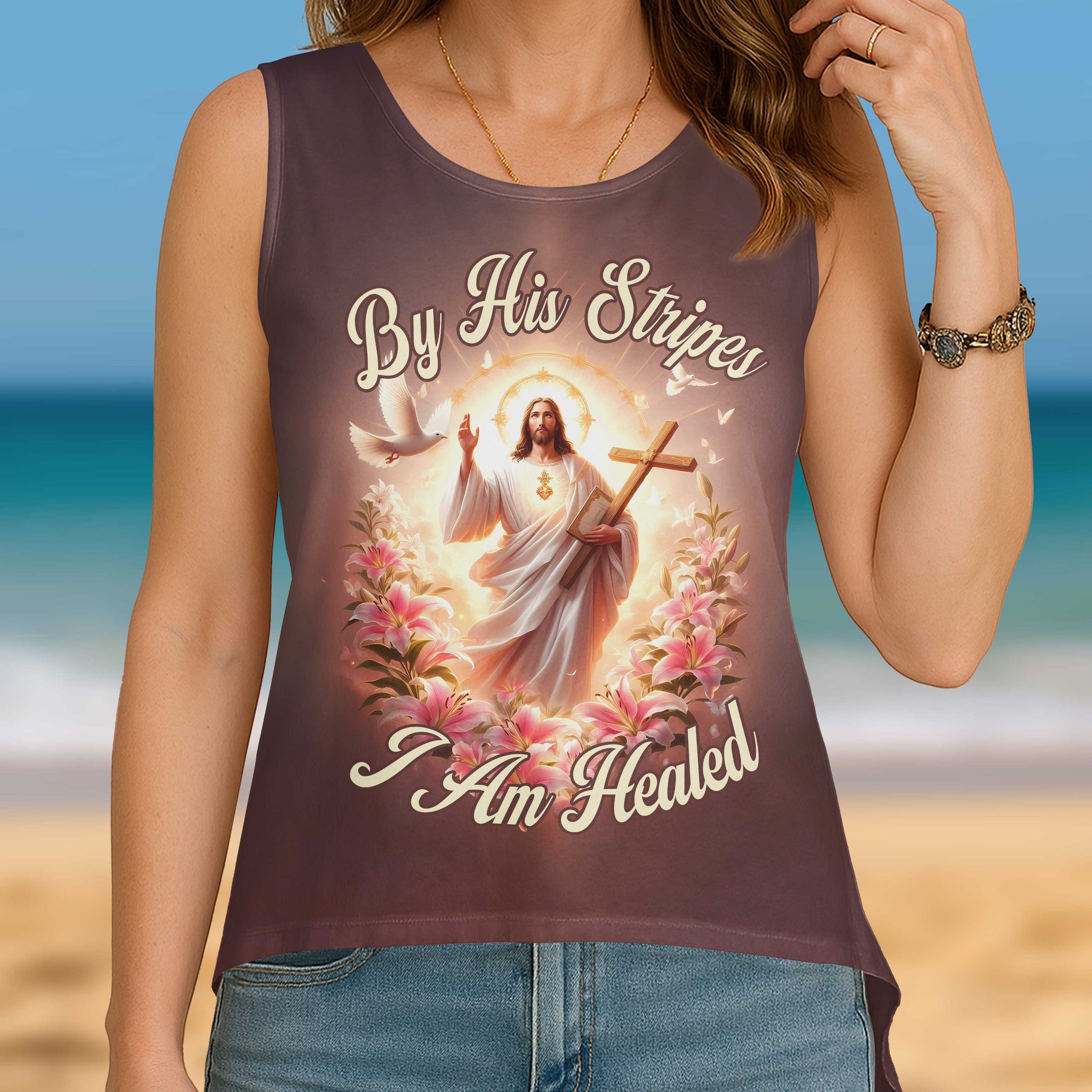 By His Stripes I Am Healed All Over Print Cut Out Wrap Back Tank Top
