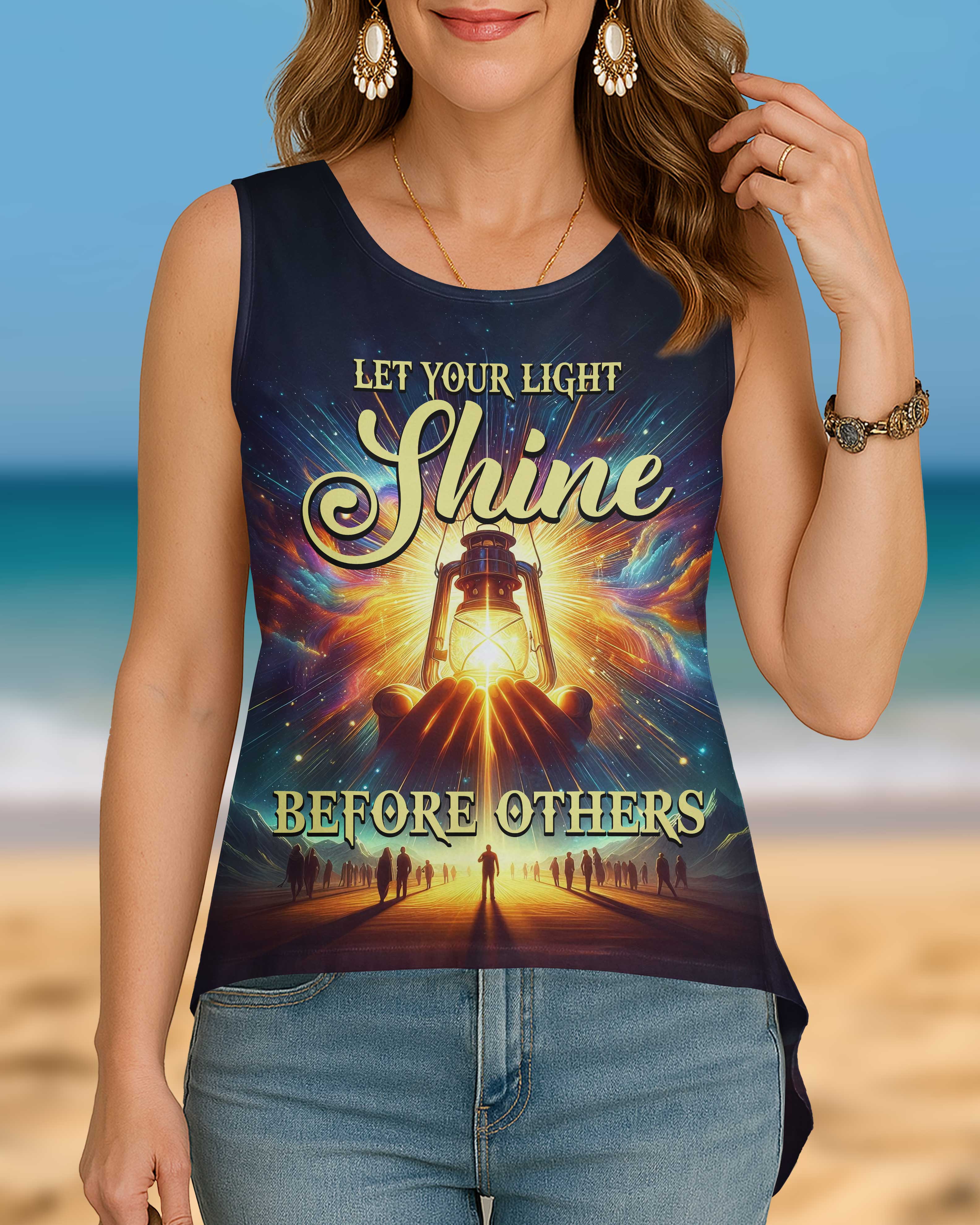Let Your Light Shine Before Others All Over Print Cut Out Wrap Back Tank Top