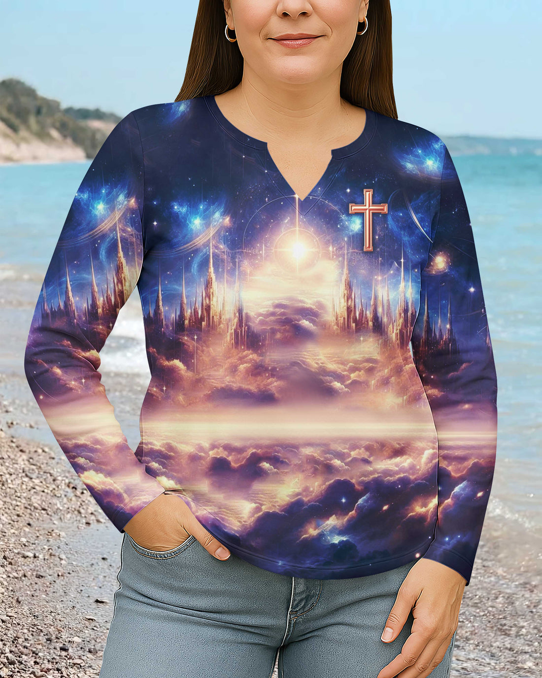 Seek First The Kingdom Of God All Over Print V-neck Long Sleeves Shirt