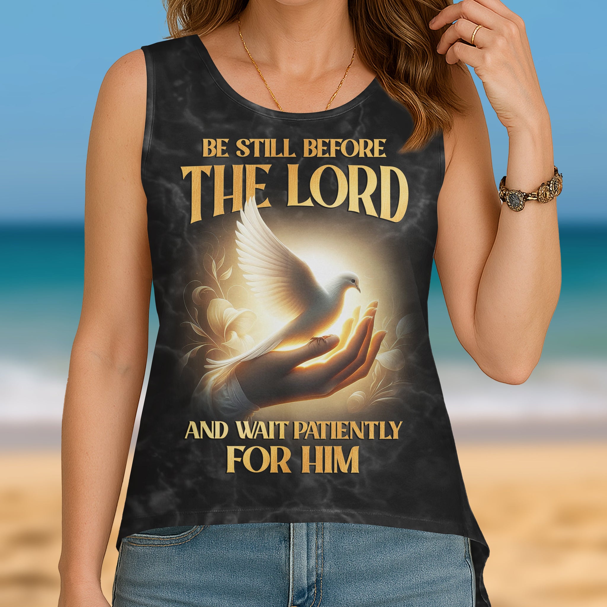 Be Still Before The Lord And Wait Patiently For Him All Over Print Cut Out Wrap Back Tank Top