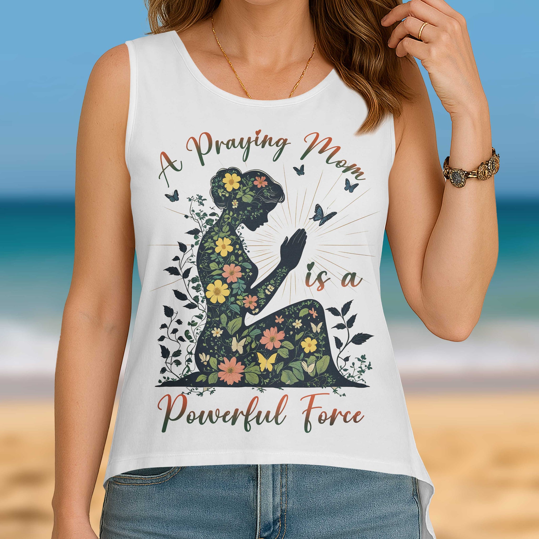 A Praying Mom is a Powerful Force Cut Out Wrap Back Tank Top