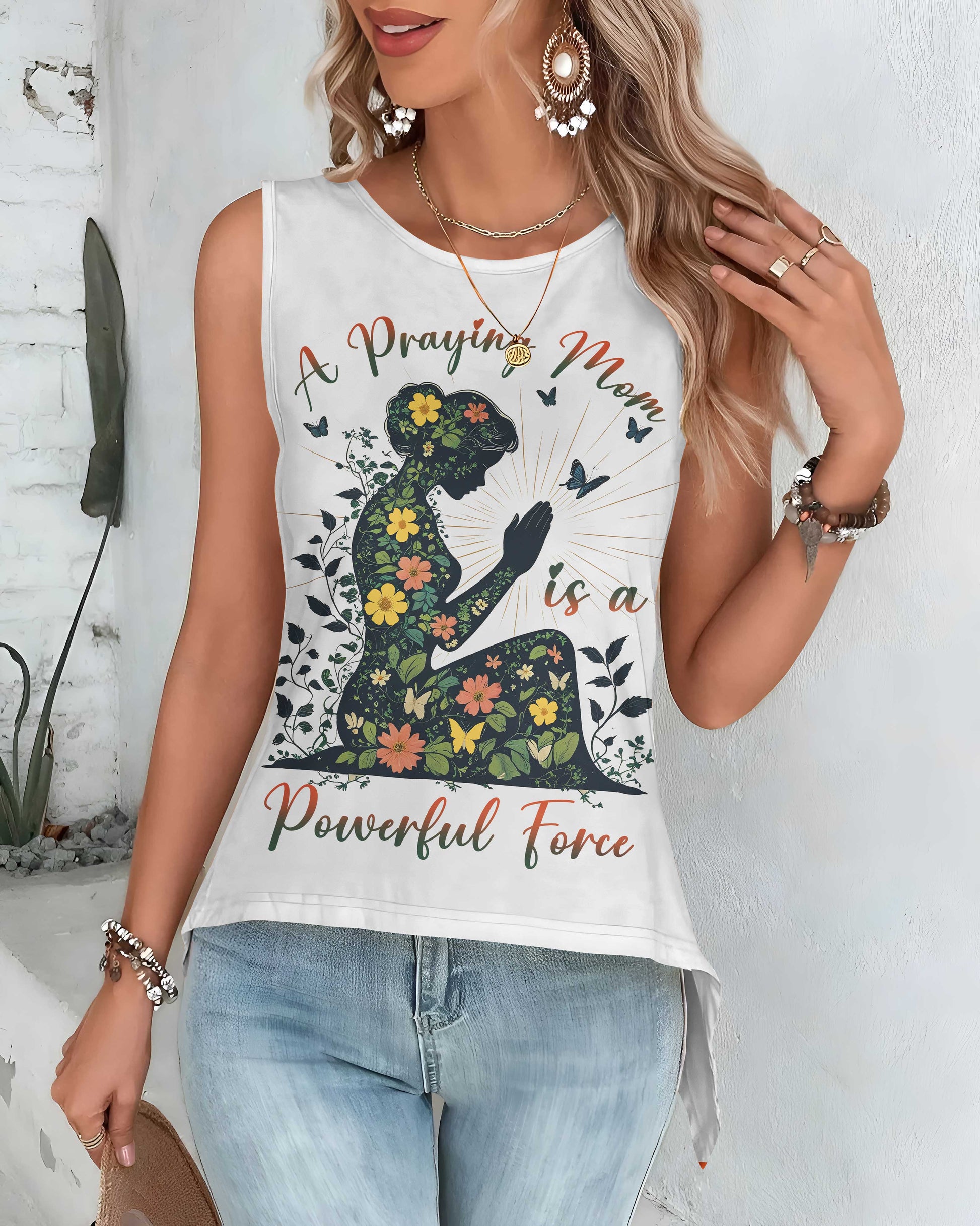 A Praying Mom is a Powerful Force Cut Out Wrap Back Tank Top