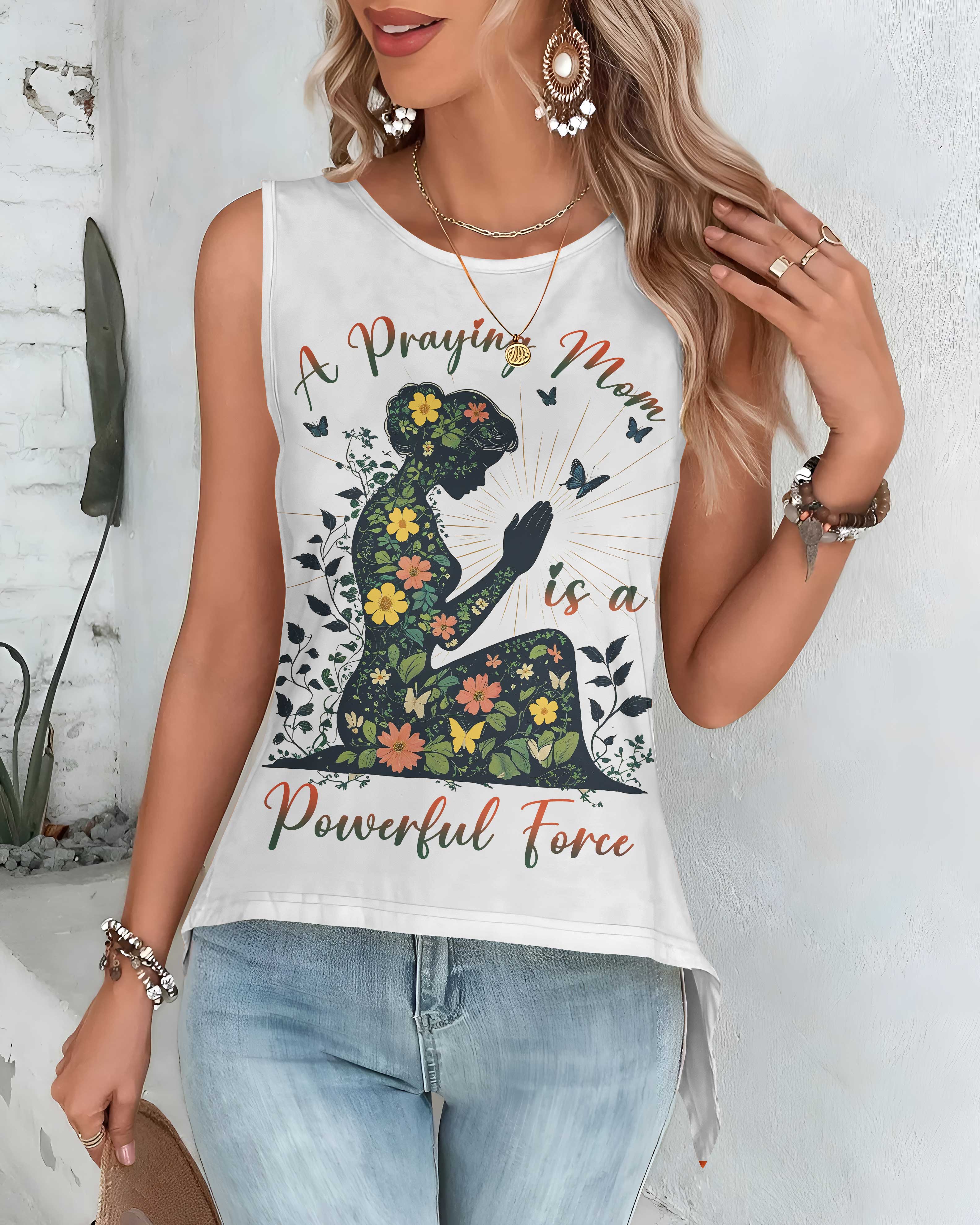 A Praying Mom is a Powerful Force Cut Out Wrap Back Tank Top
