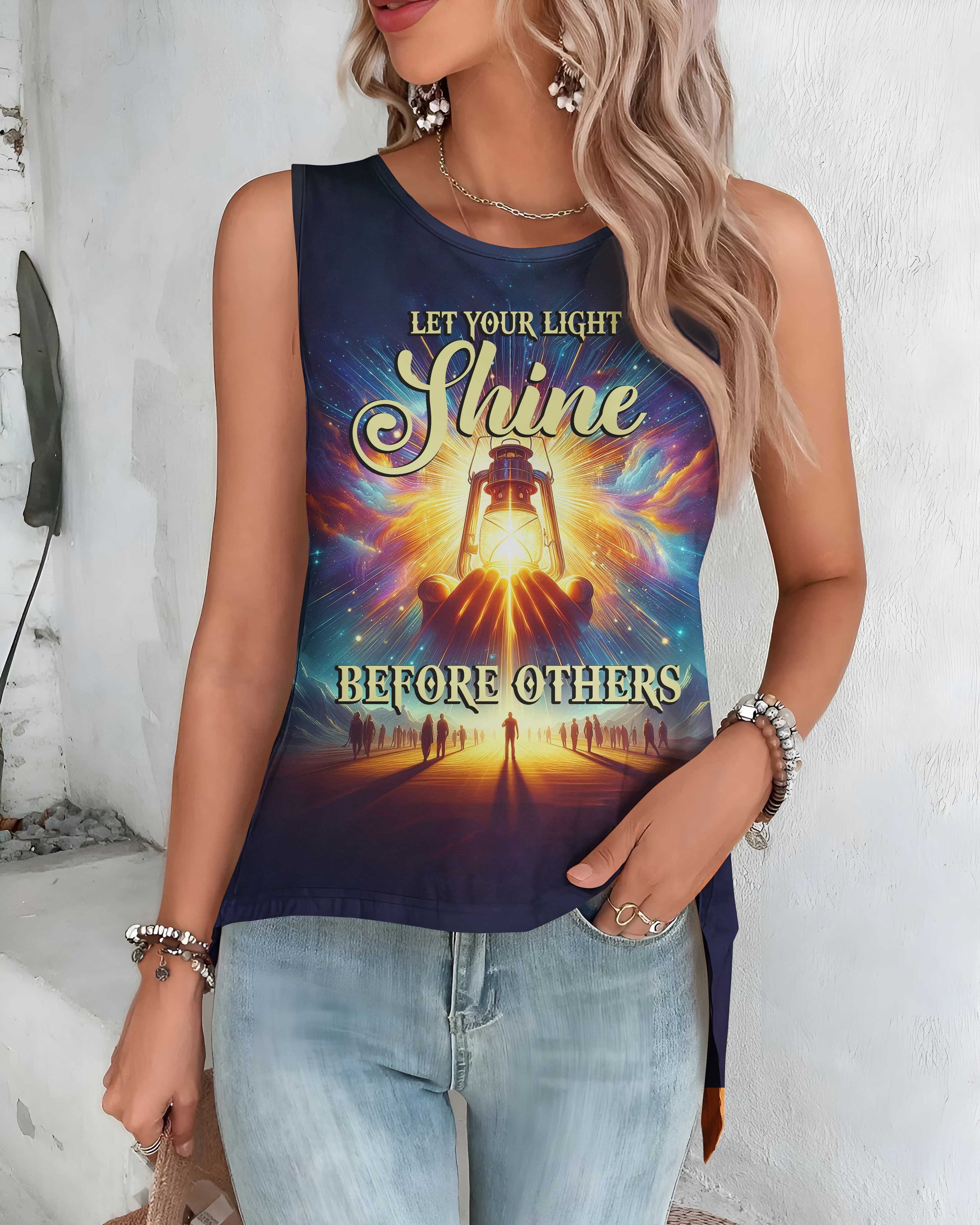 Let Your Light Shine Before Others All Over Print Cut Out Wrap Back Tank Top