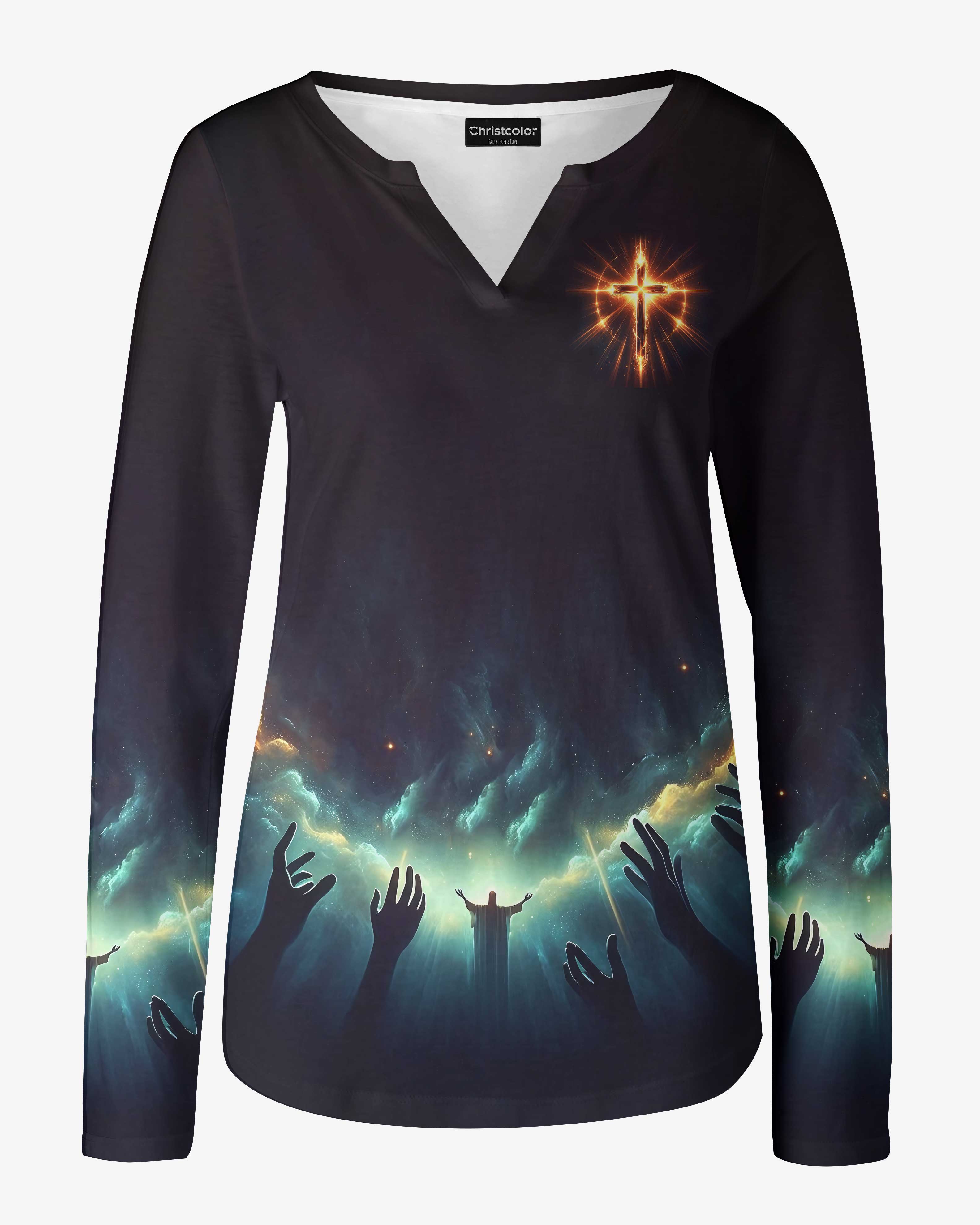 God Is Light In Him There Is No Darkness At All All Over Print V-neck Long Sleeves Shirt
