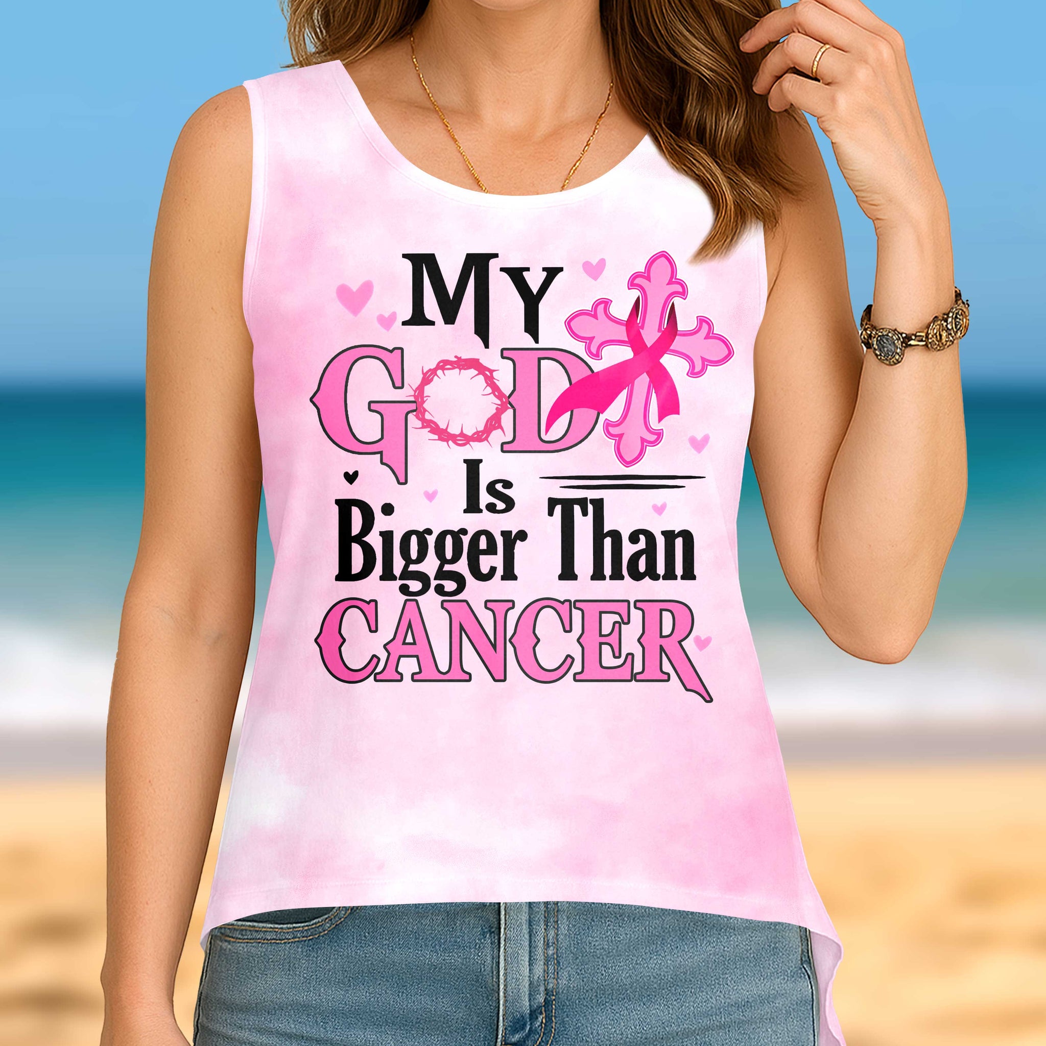My God Is Bigger Than Cancer All Over Print Crop Out Wrap Back Tank Top