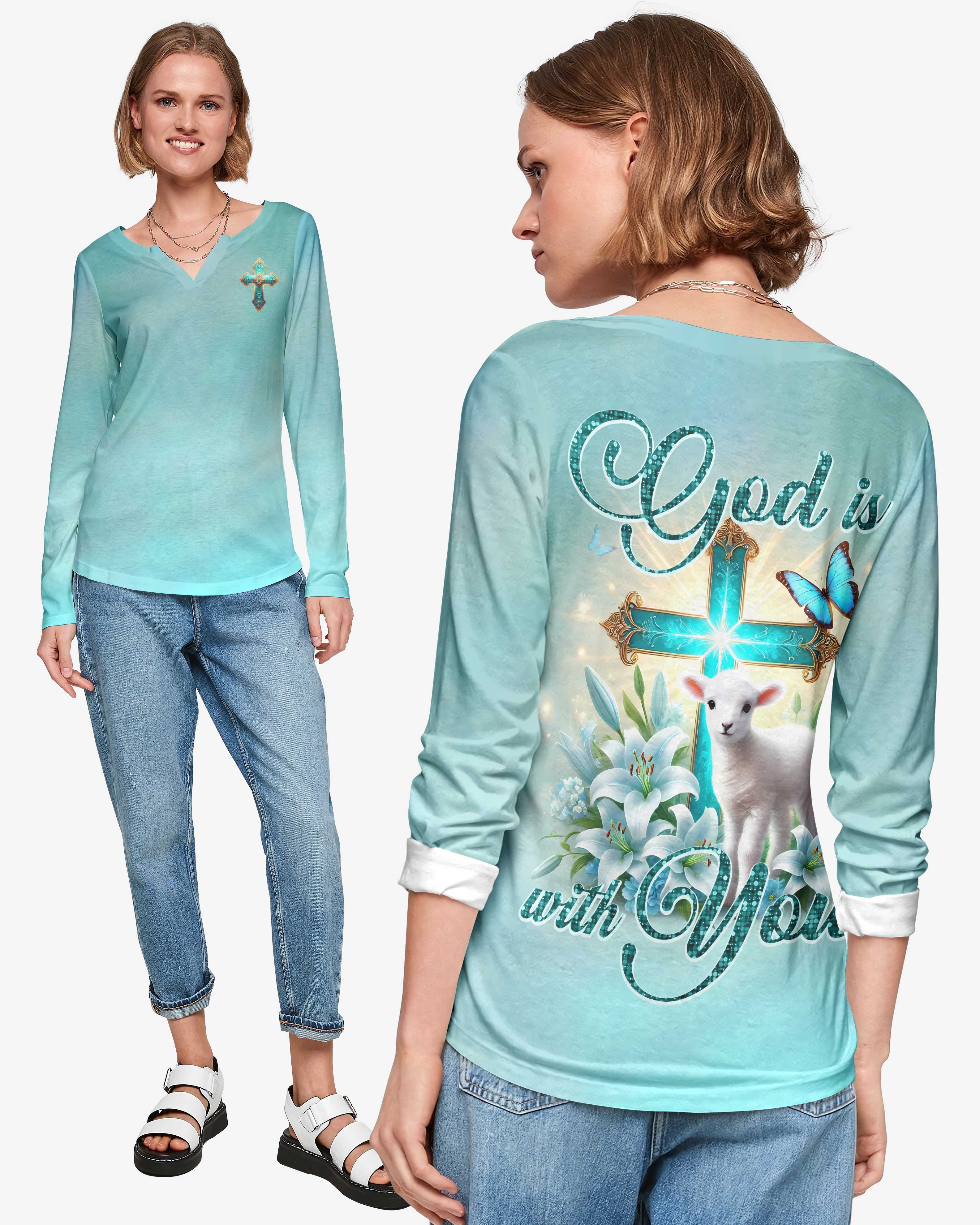 God Is With You All Over Print V-neck Long Sleeves Shirt