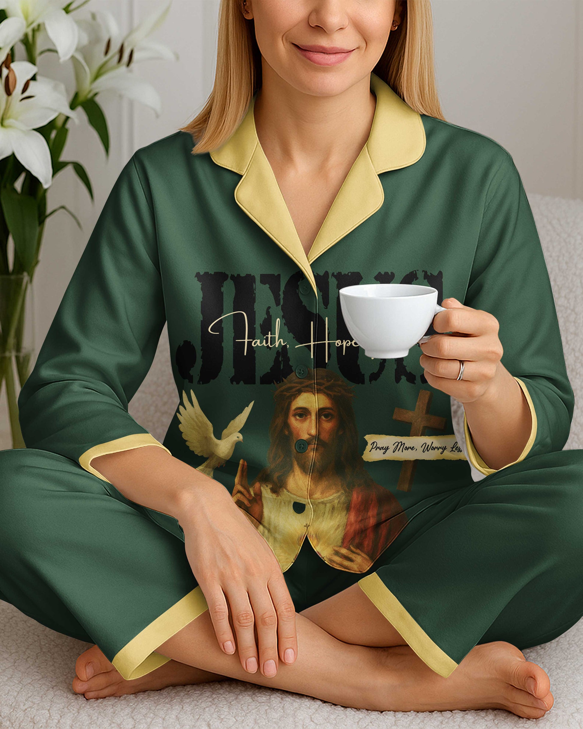 Jesus Faith Hope Pray More Worry Less Lightweight Button Pajamas