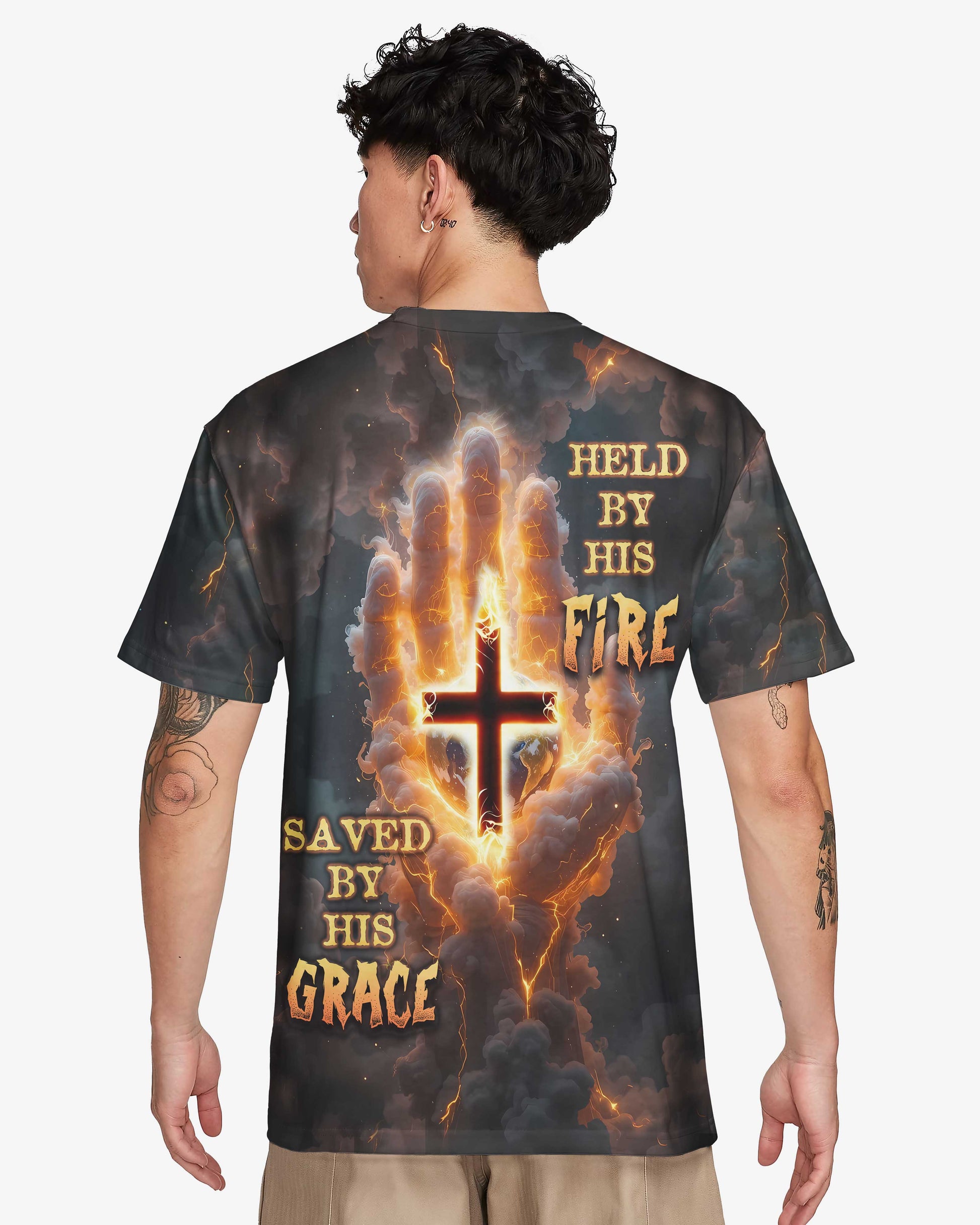 Held By His Fire Saved By His Grace All Over Print T-Shirt