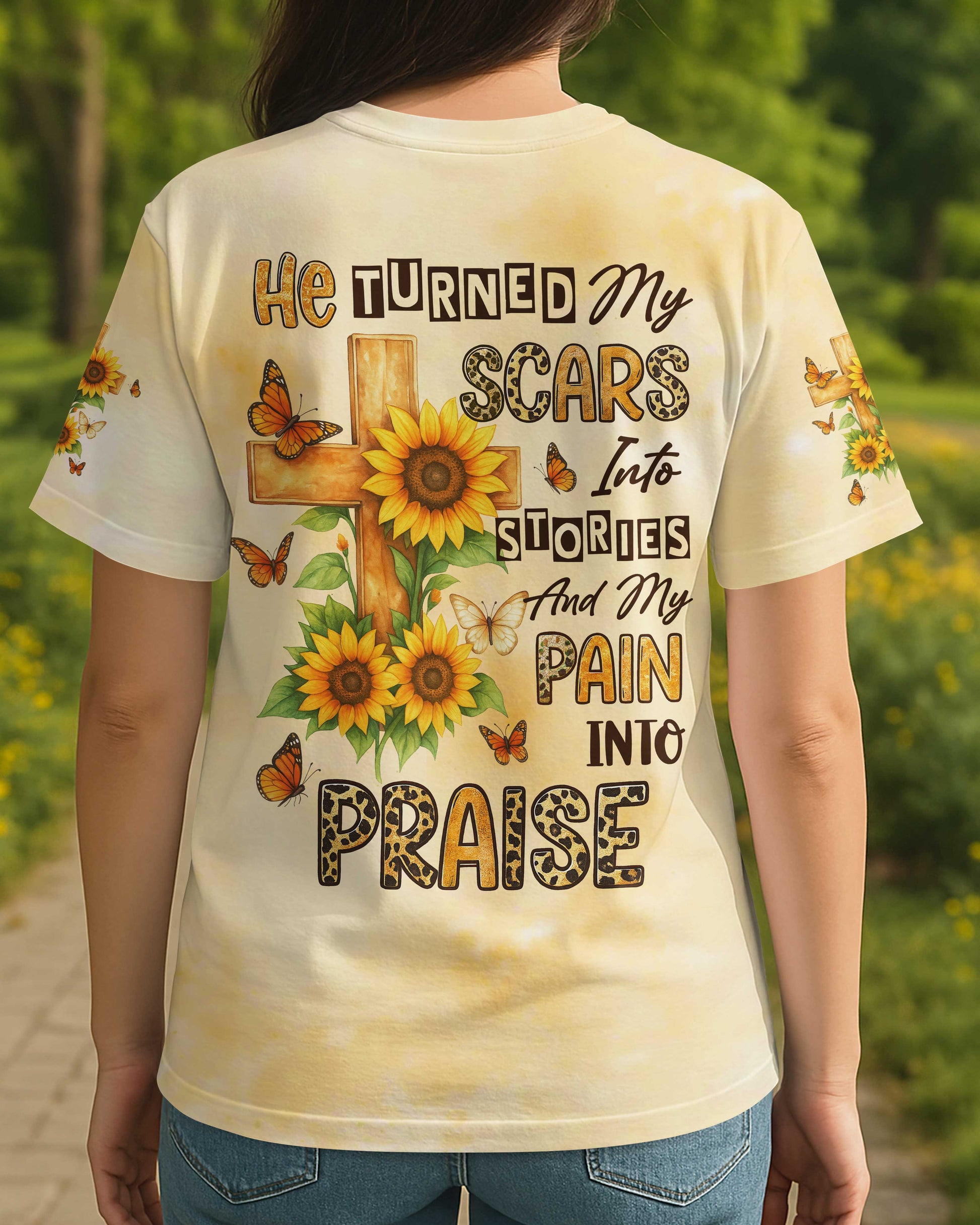 He Turned My Scars Into Stories All Over Print T-Shirt