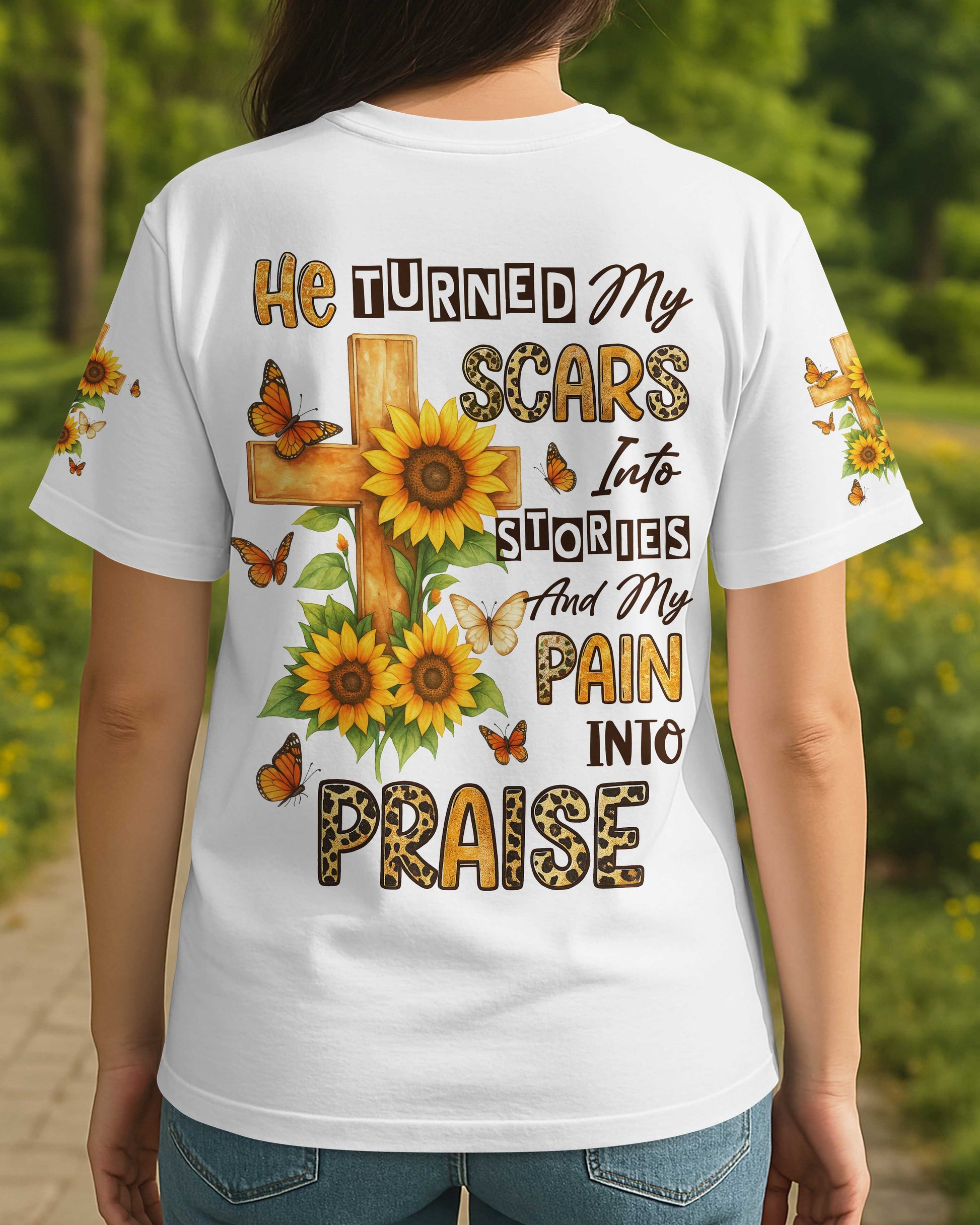 He Turned My Scars Into Stories All Over Print T-Shirt