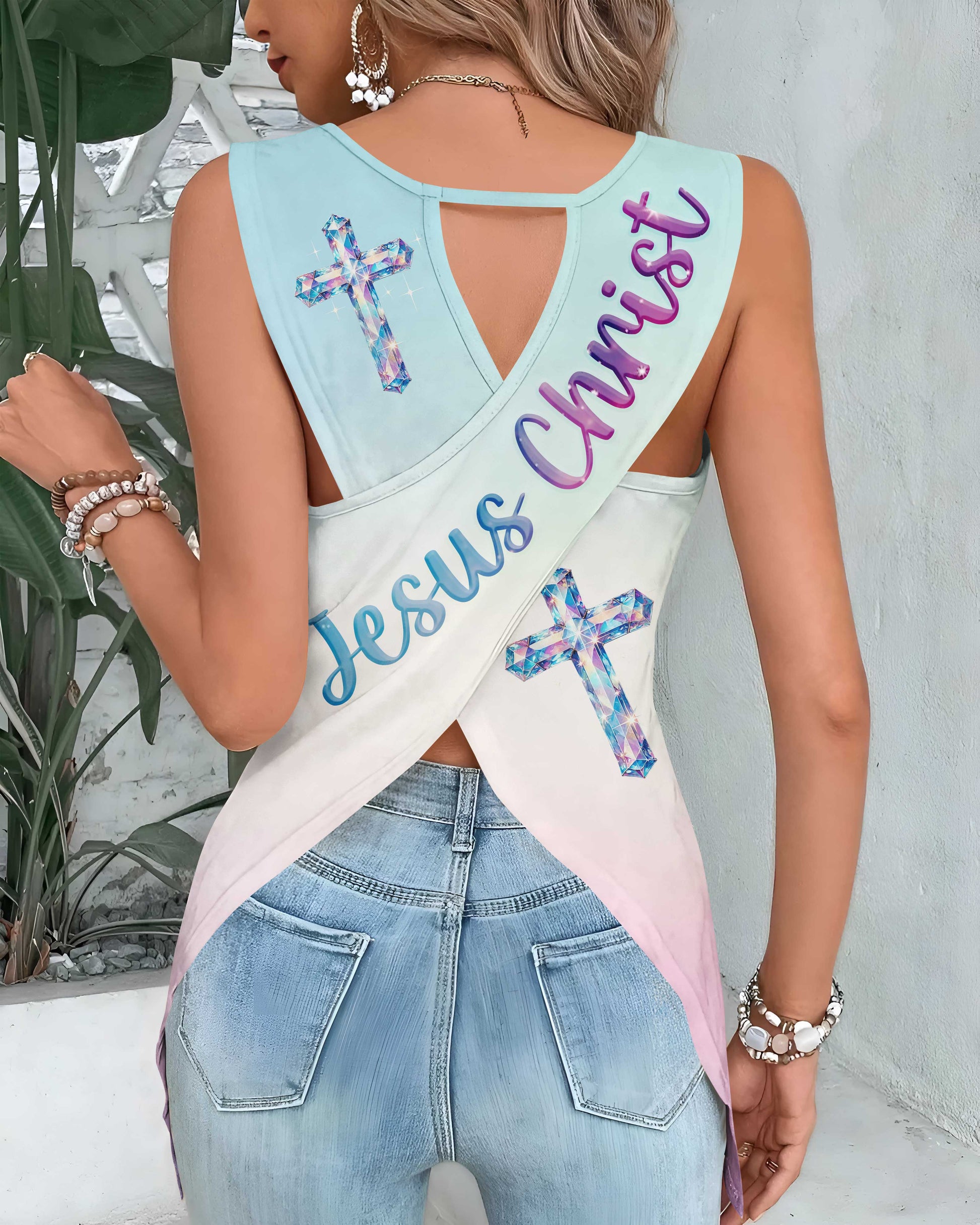 I Can Do All Things Through Christ Who Strengthens Me All Over Print Crop Out Wrap Back Tank Top