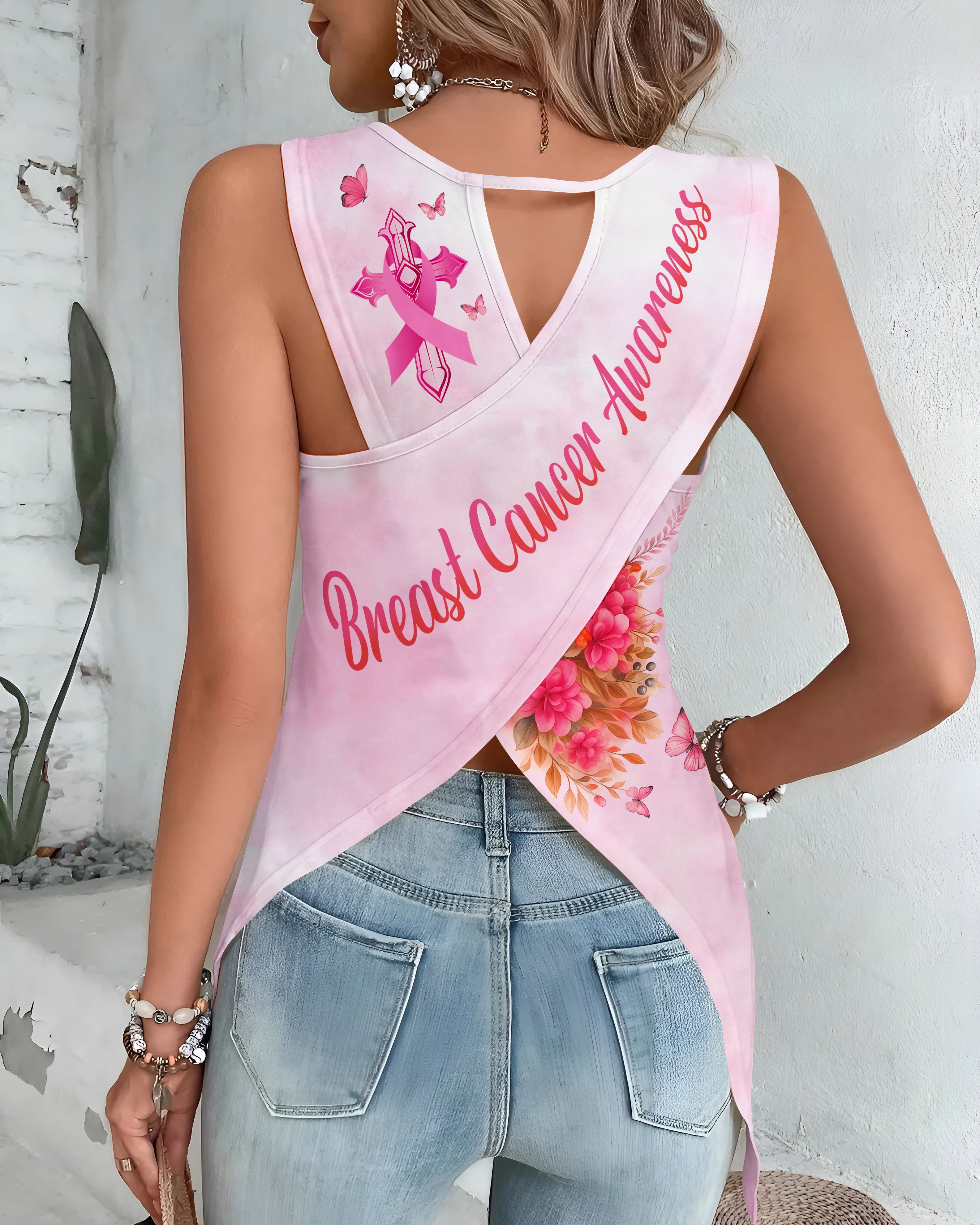Breast Cancer Awareness All Over Print Crop Out Wrap Back Tank Top