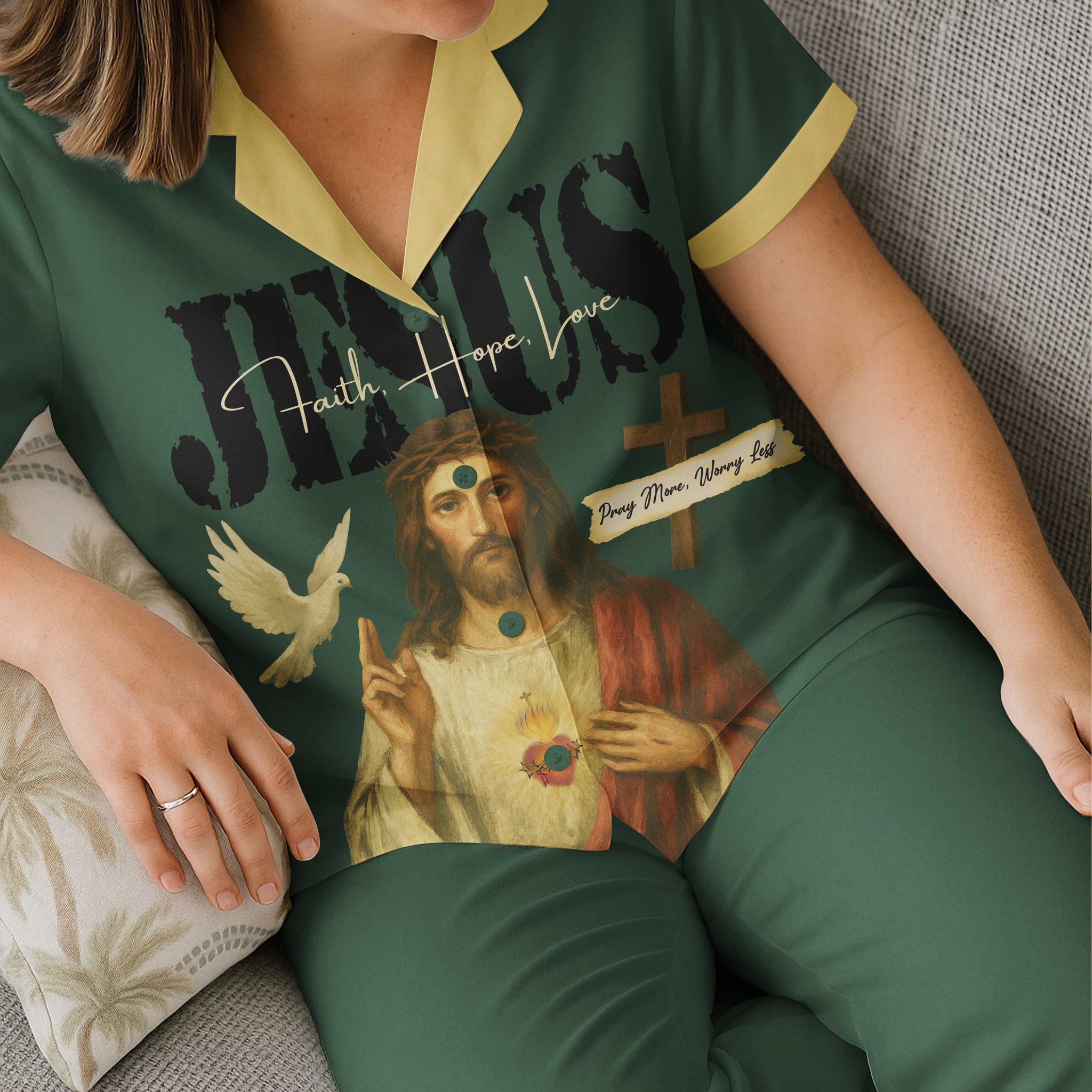 Jesus Faith Hope Pray More Worry Less Lightweight Button Pajamas